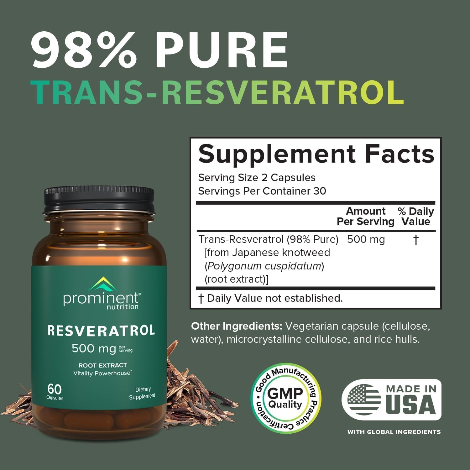 Prominent Nutrition Trans-Resveratrol supplement back view showing ingredients