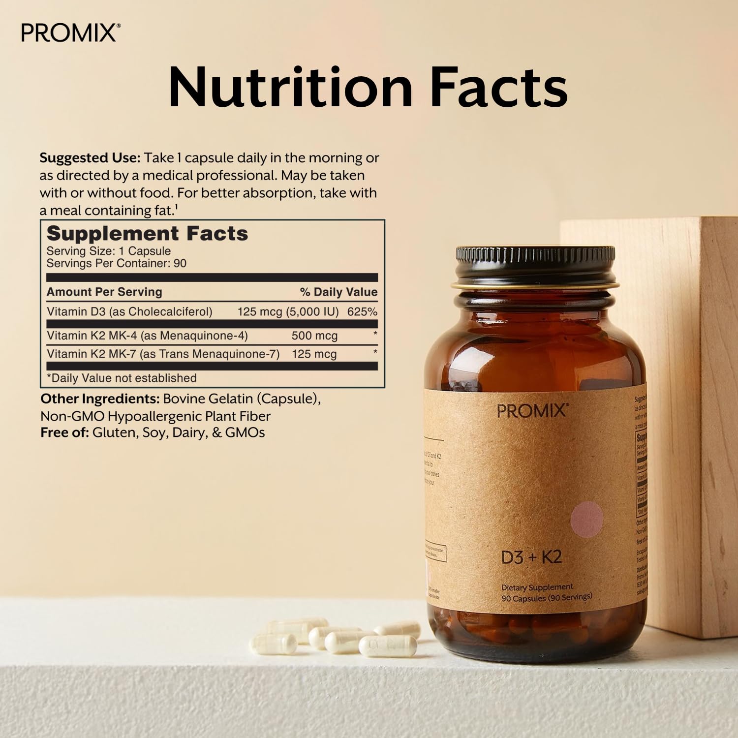 ProMix Nutrition D3+K2 Capsules side view showing dosage