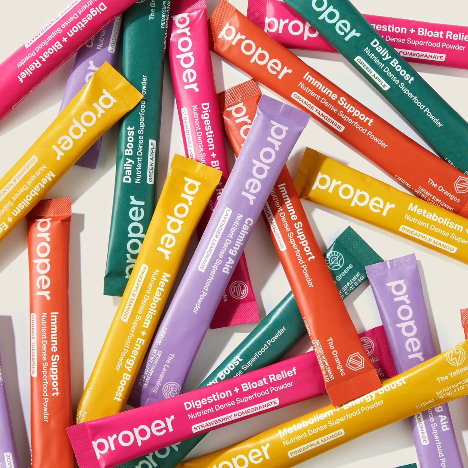 Proper 5-pack blended supplements sticks in a lifestyle setting