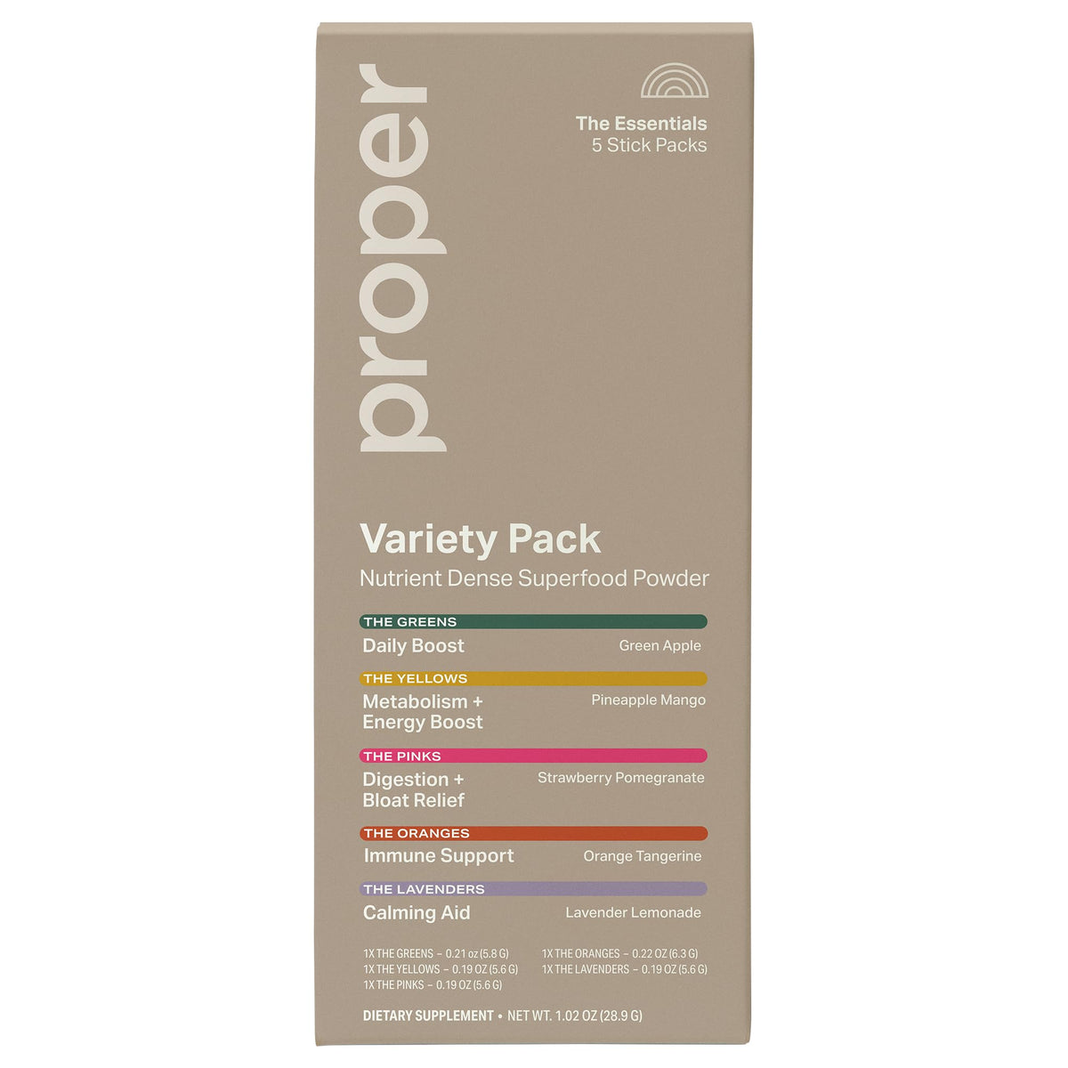 Proper 5-pack blended vitamin and mineral supplements front view