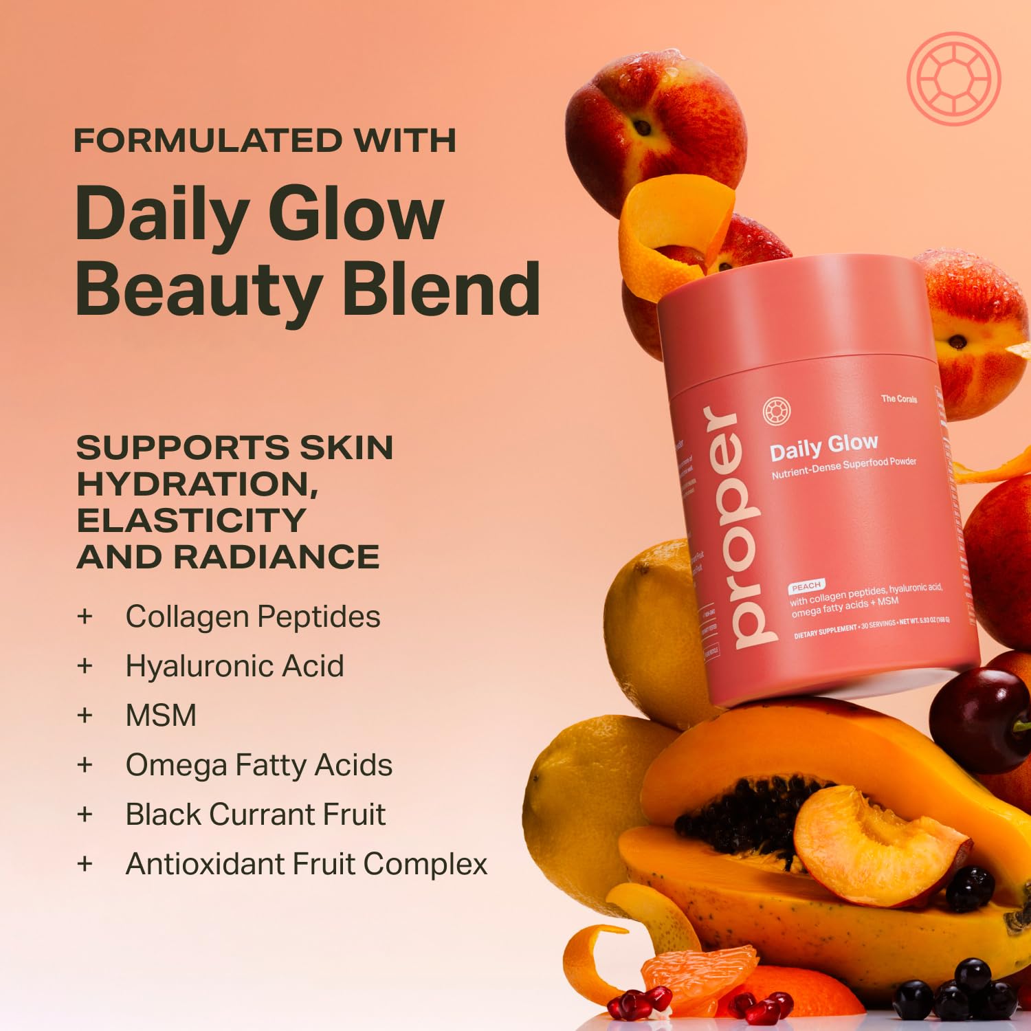 Proper Daily Glow Beauty Blend 231g peach flavour lifestyle shot