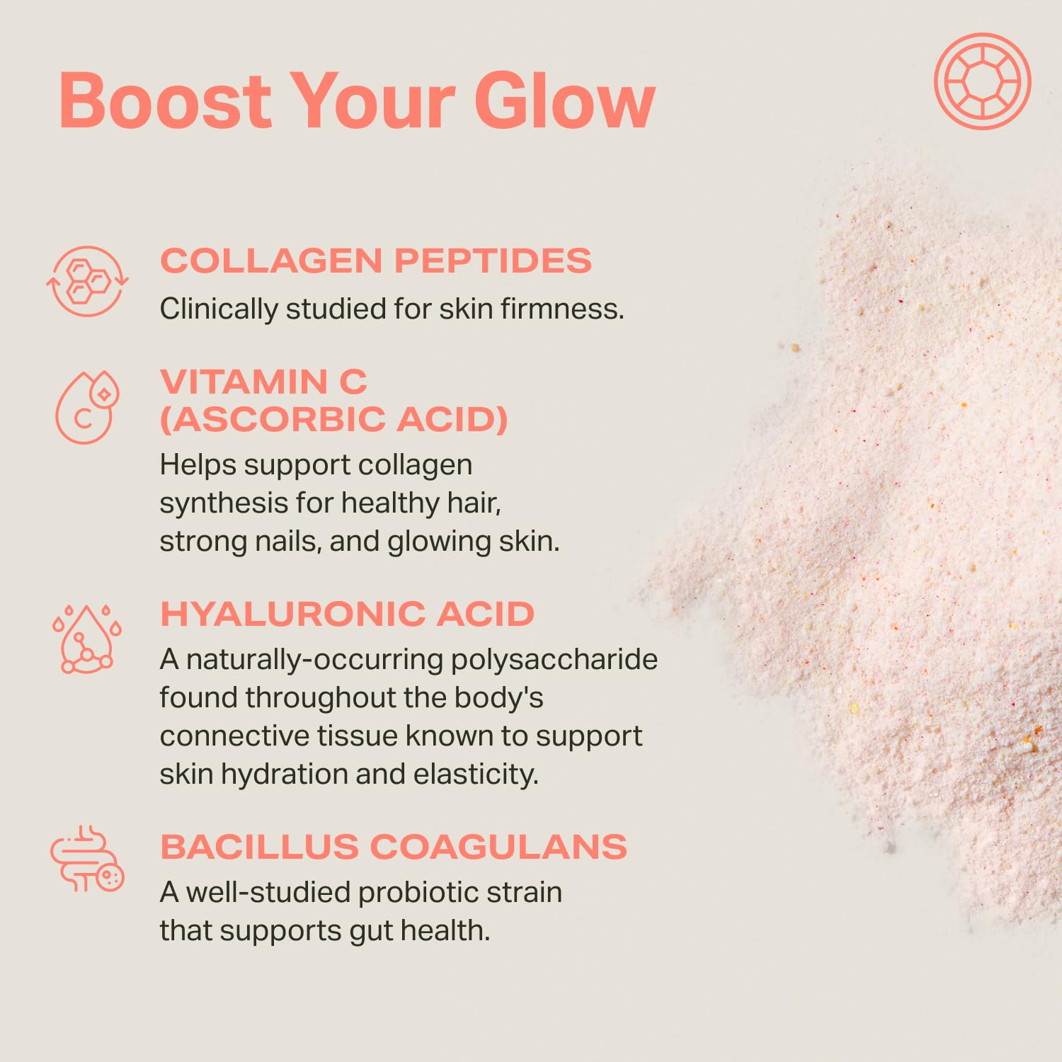 Proper Daily Glow Beauty Blend 231g peach flavour with ingredients