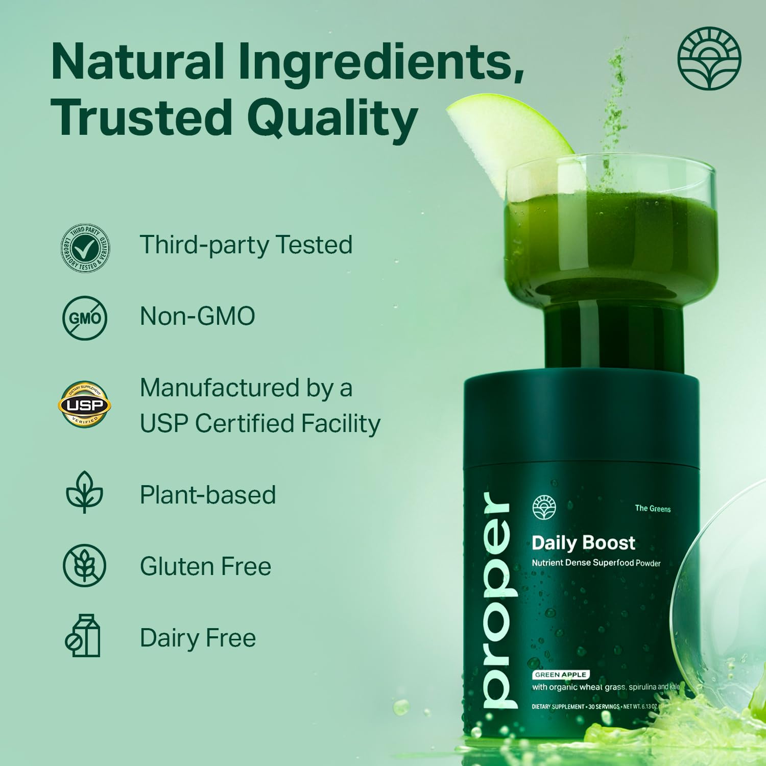 Proper Essential Greens Blend 272g side view packaging