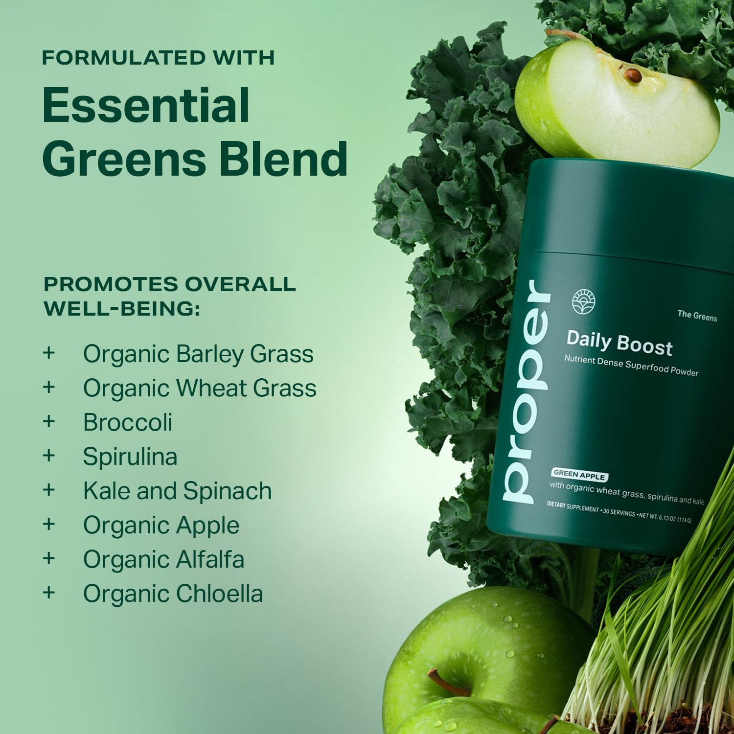 Proper Essential Greens Powder 109g on a kitchen countertop