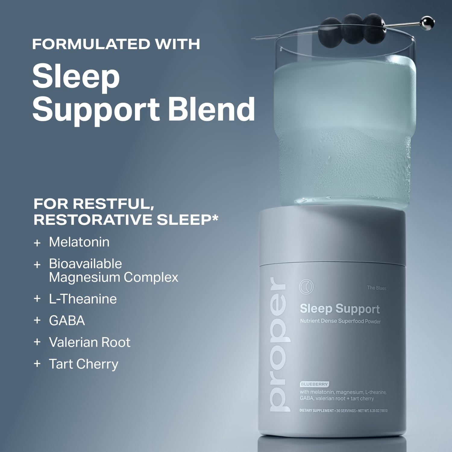 Proper Sleep Powder lifestyle shot with a calming night scene