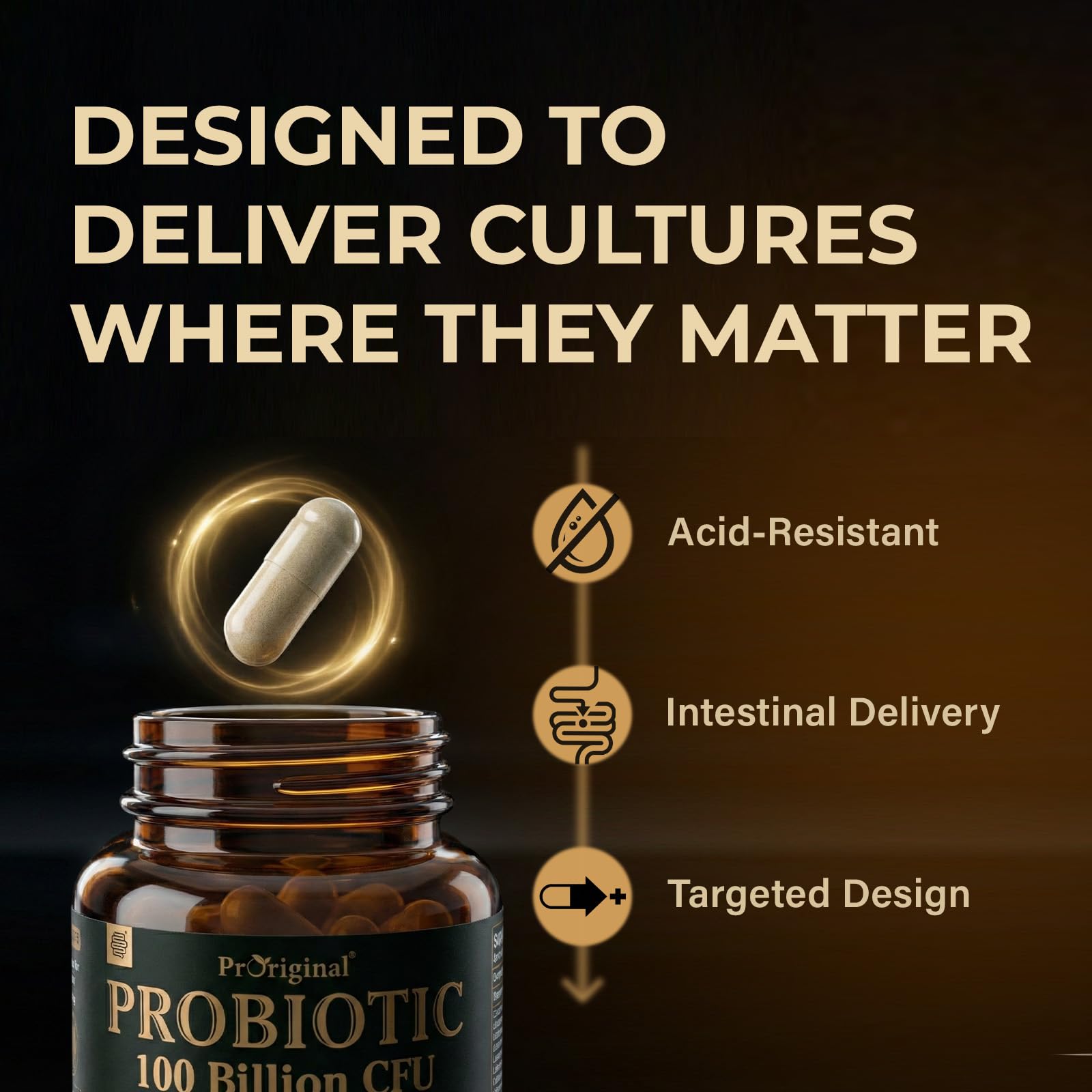Proriginal Probiotics 100 Billion CFU capsules on a wooden table
