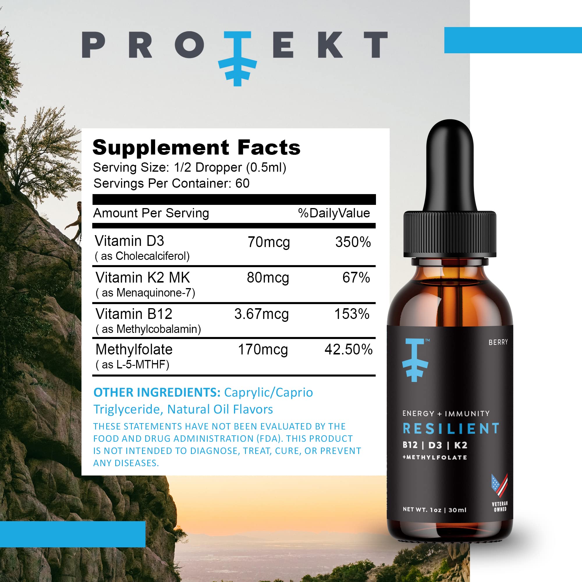 PROTEKT Liquid Vitamin B12 with D3 and K2 bottle side view