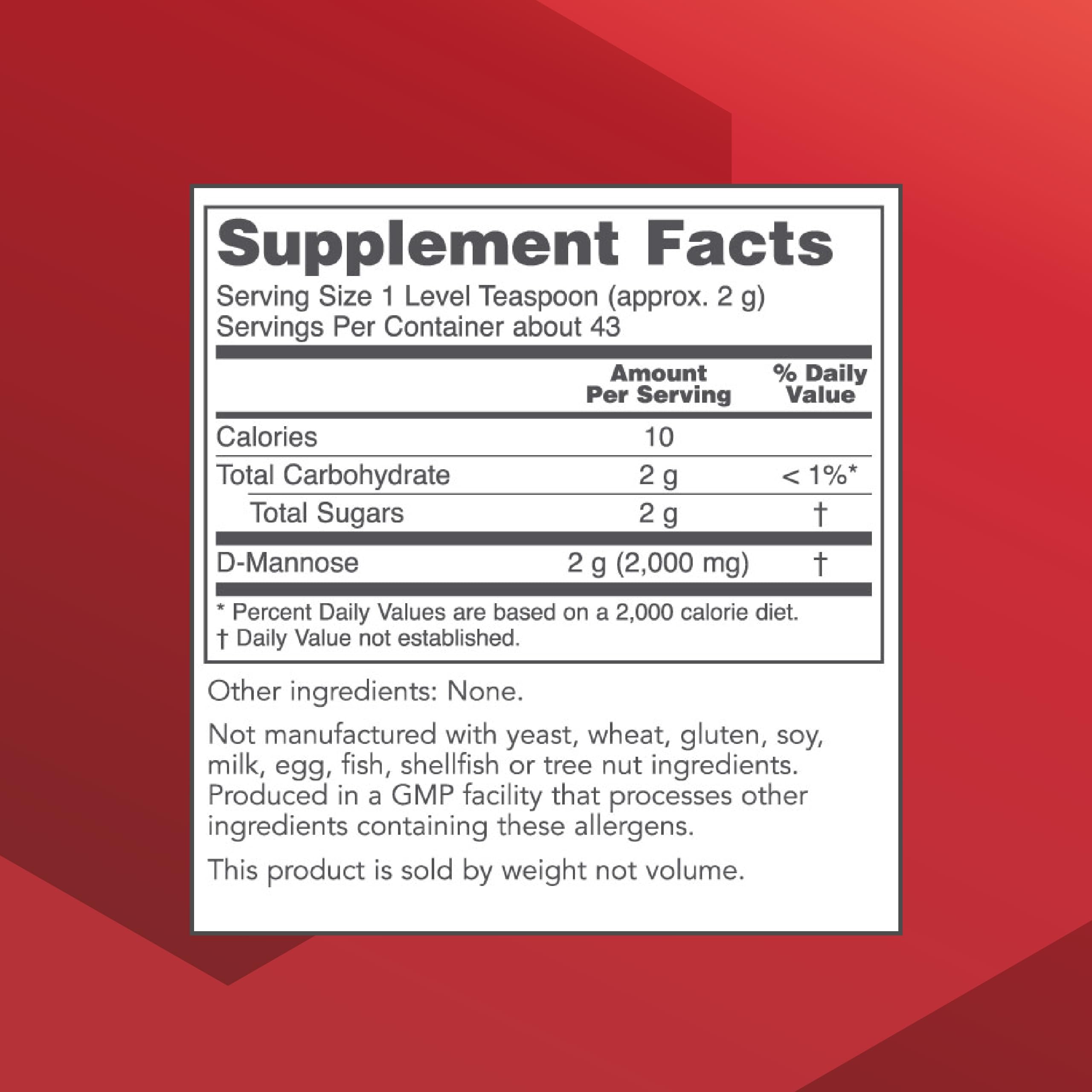 PROTOCOL FOR LIFE BALANCE D-Mannose Powder back view with nutritional information
