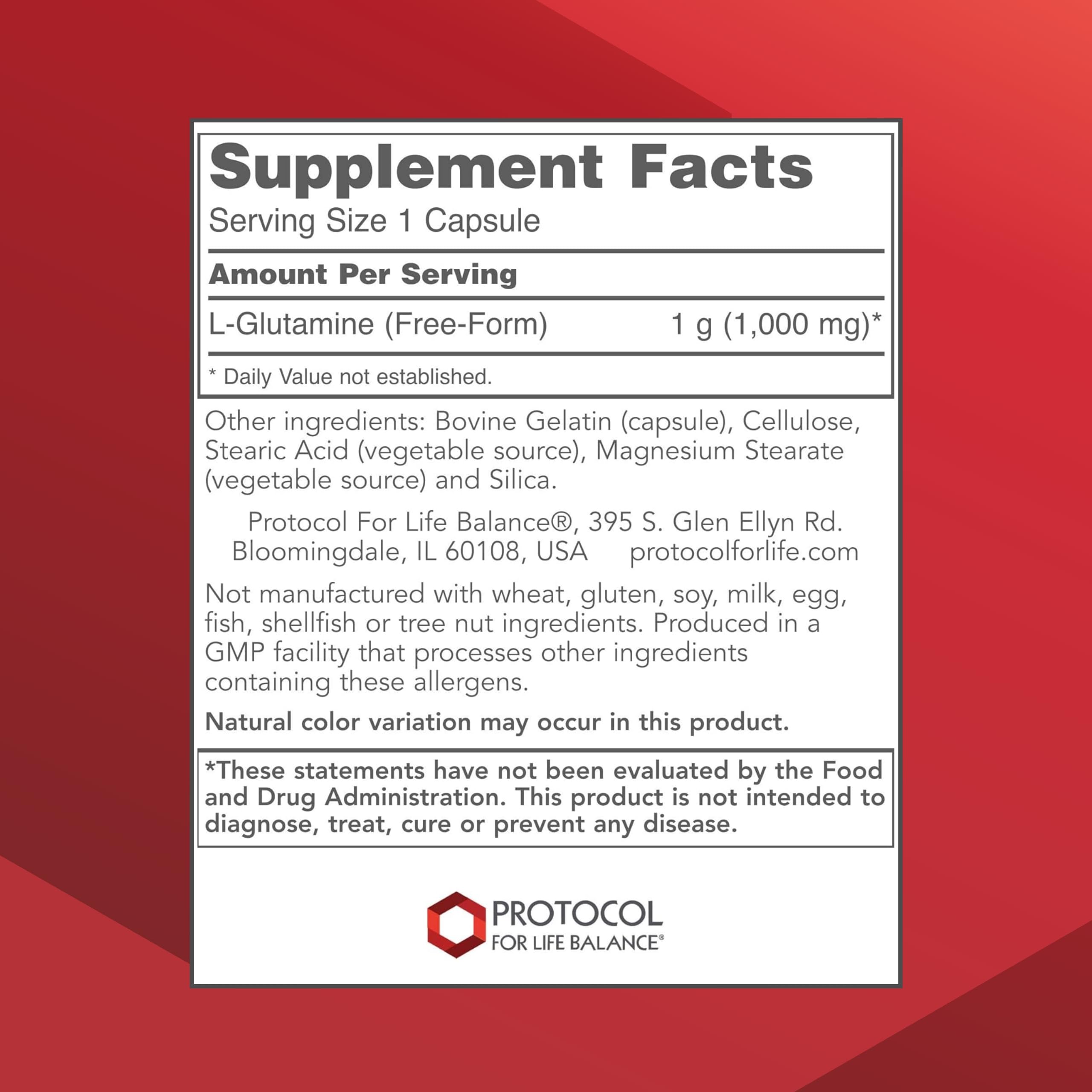 PROTOCOL FOR LIFE BALANCE L-Glutamine Capsules 1000mg bottle side view