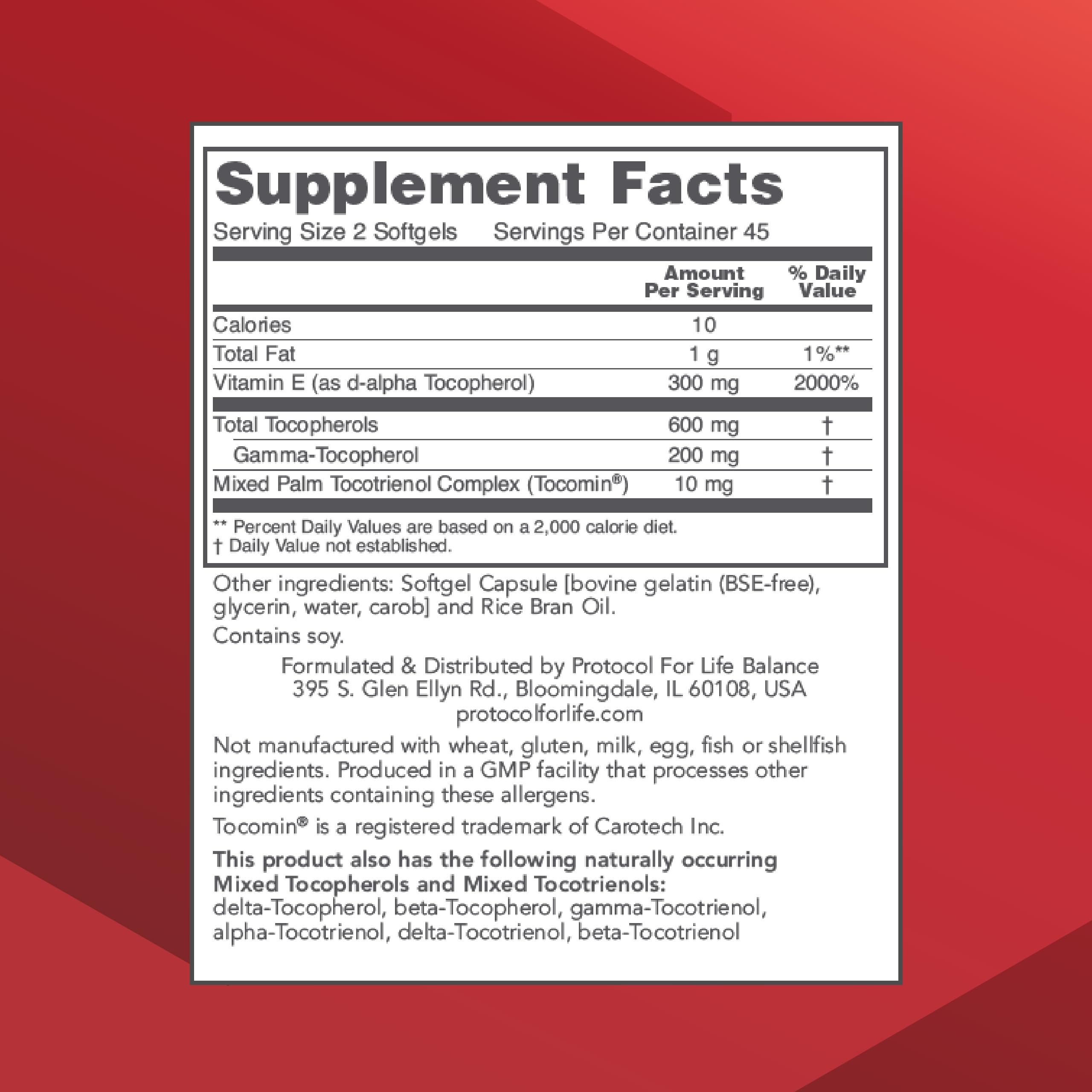PROTOCOL FOR LIFE BALANCE Vitamin E Softgels 300mg back view with nutritional information