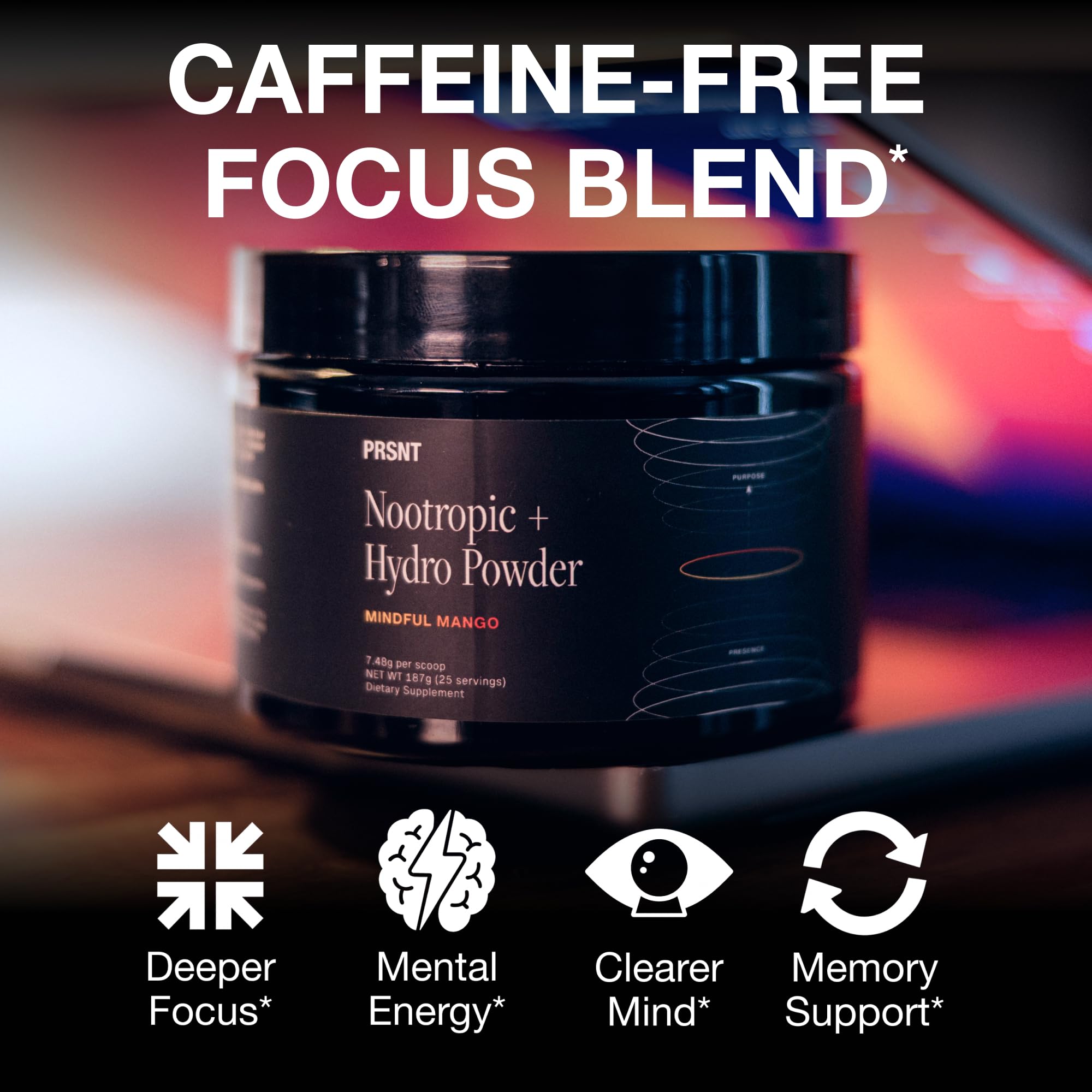 PRSNT Focus & Hydration Nootropic Supplement back view with ingredient details