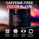 PRSNT Focus & Hydration Nootropic Supplement back view with ingredient details
