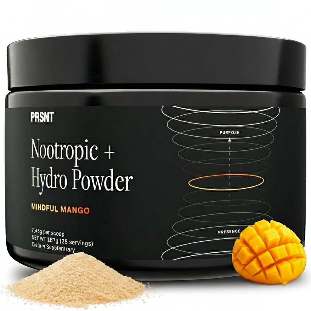 PRSNT Focus & Hydration Nootropic Supplement front view with packaging