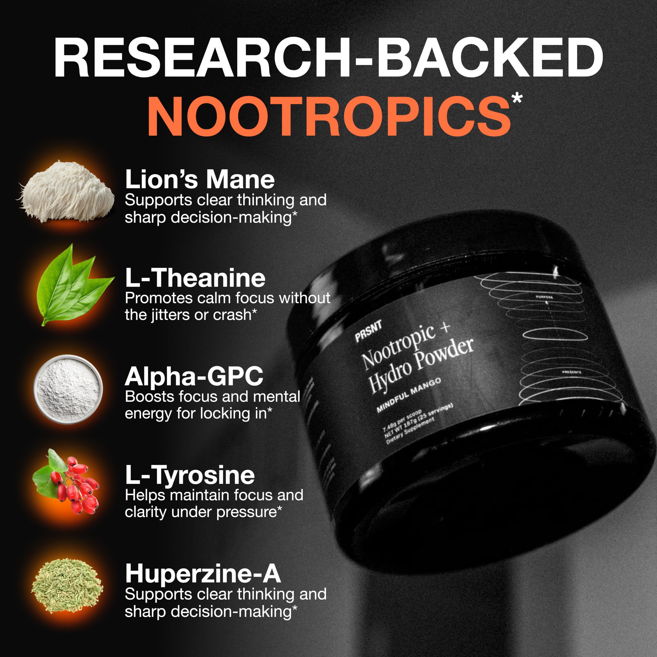 PRSNT Focus & Hydration Nootropic Supplement side view showcasing the container