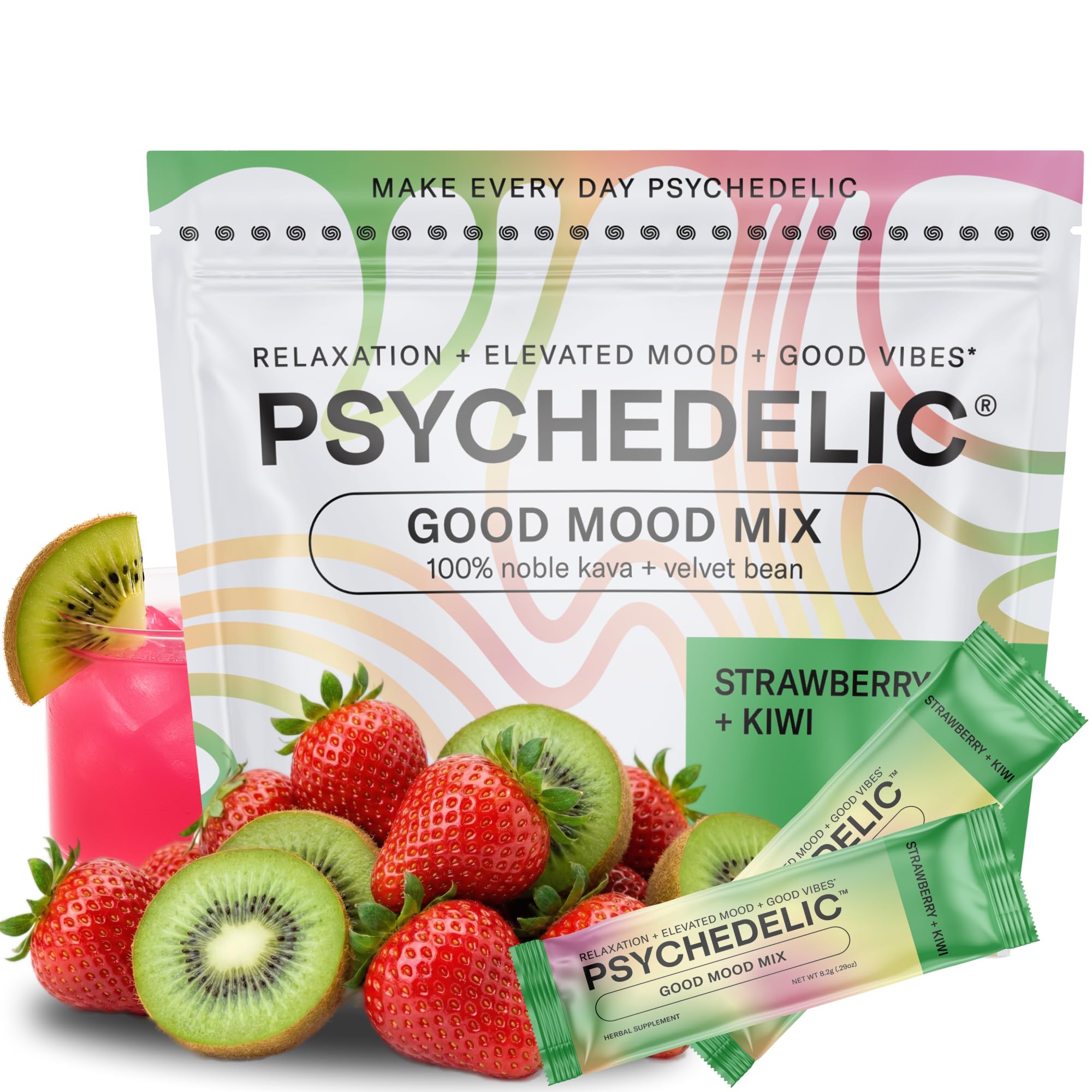 Psychedelic Water Kava Kava Drink Mix packet front view with strawberry kiwi flavour