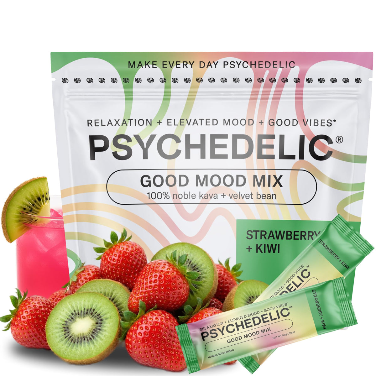 Psychedelic Water Kava Kava Drink Mix packet front view with strawberry kiwi flavour