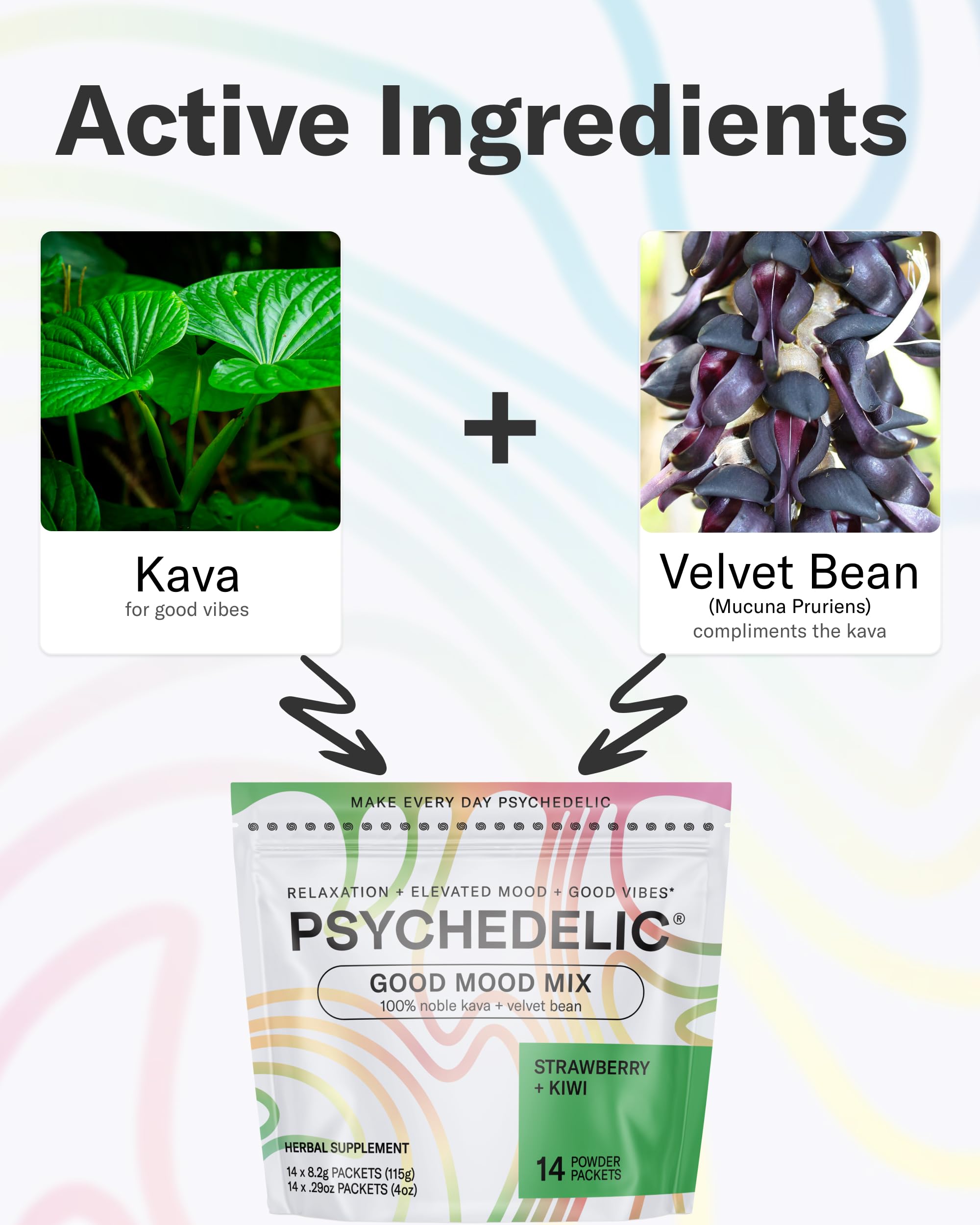 Psychedelic Water Kava Kava Drink Mix packet on a table with fresh strawberries and kiwis