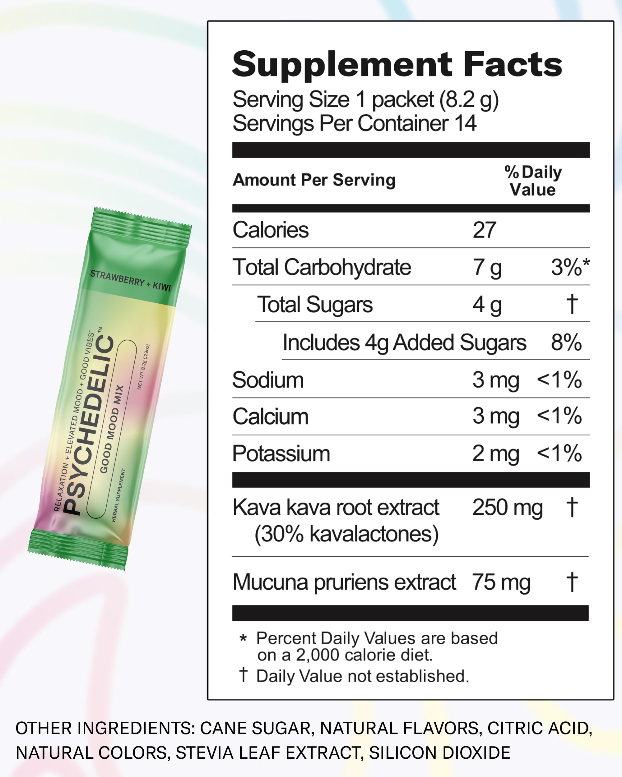 Psychedelic Water Kava Kava Drink Mix serving suggestion in a glass with ice