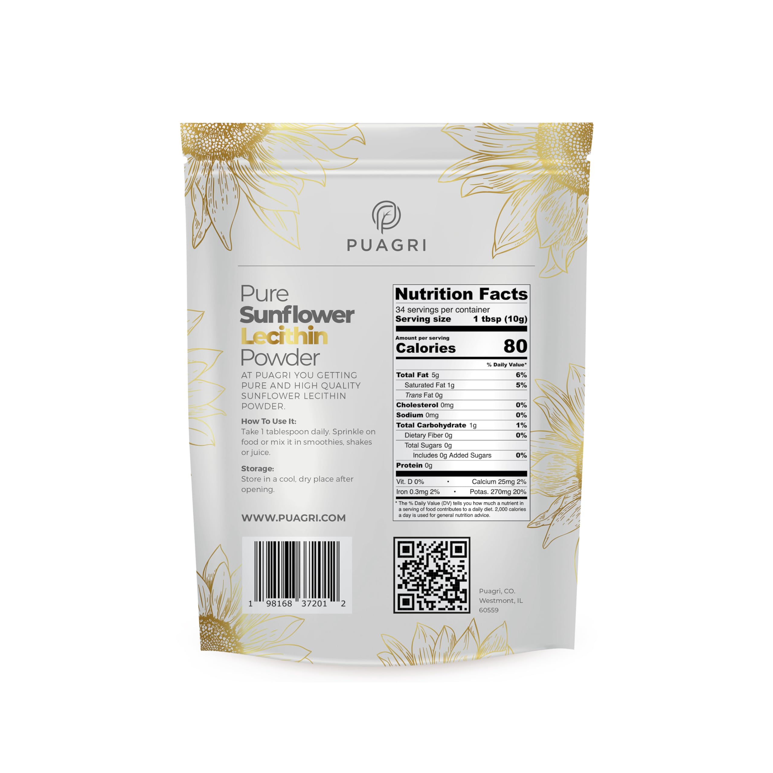 Puagri Sunflower Lecithin Powder 340g packaging