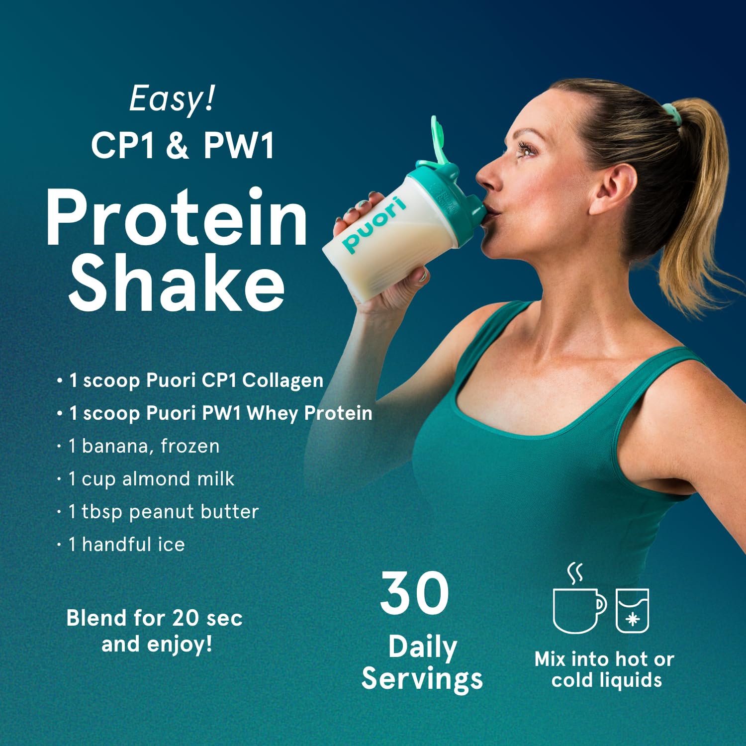 Puori CP1 Collagen Peptide Supplement in a glass of water