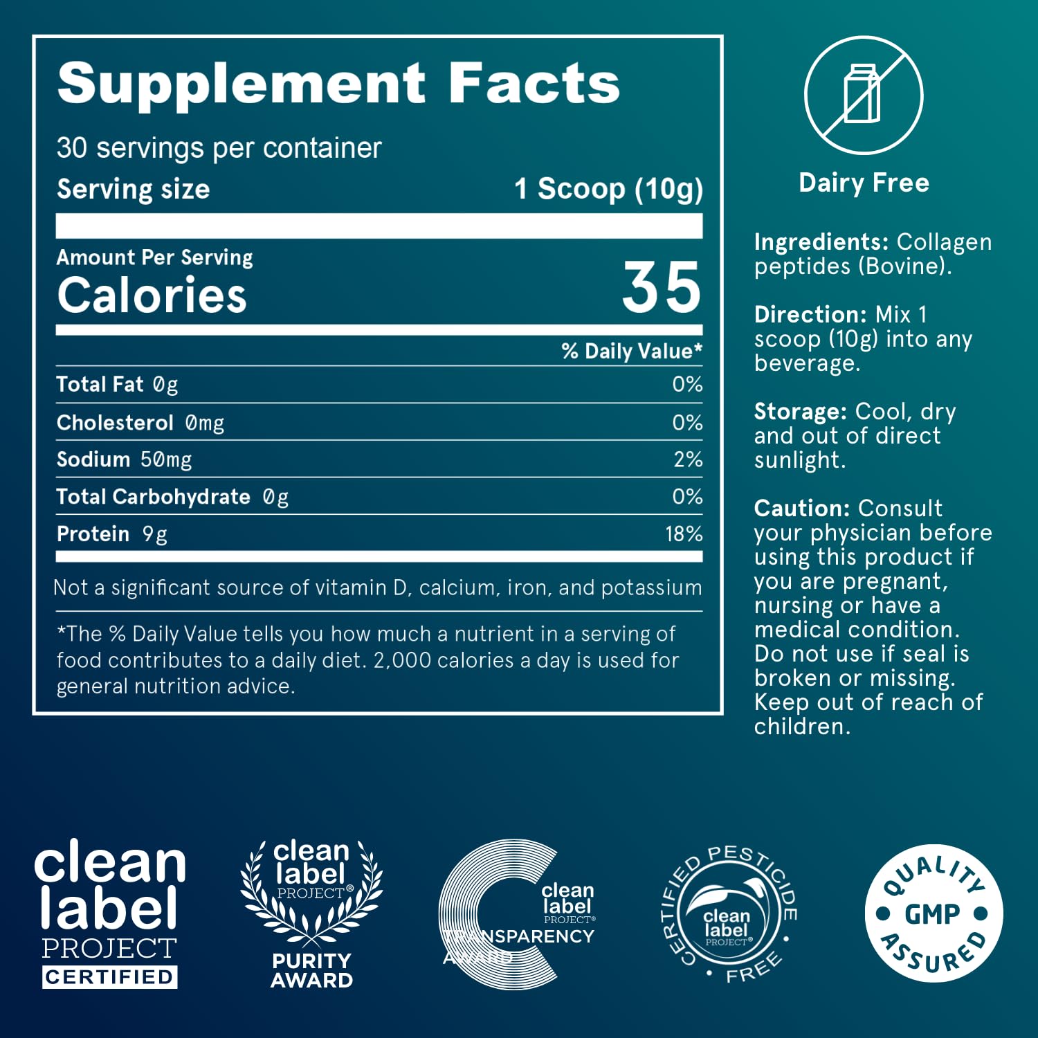 Puori CP1 Collagen Peptide Supplement nutritional information