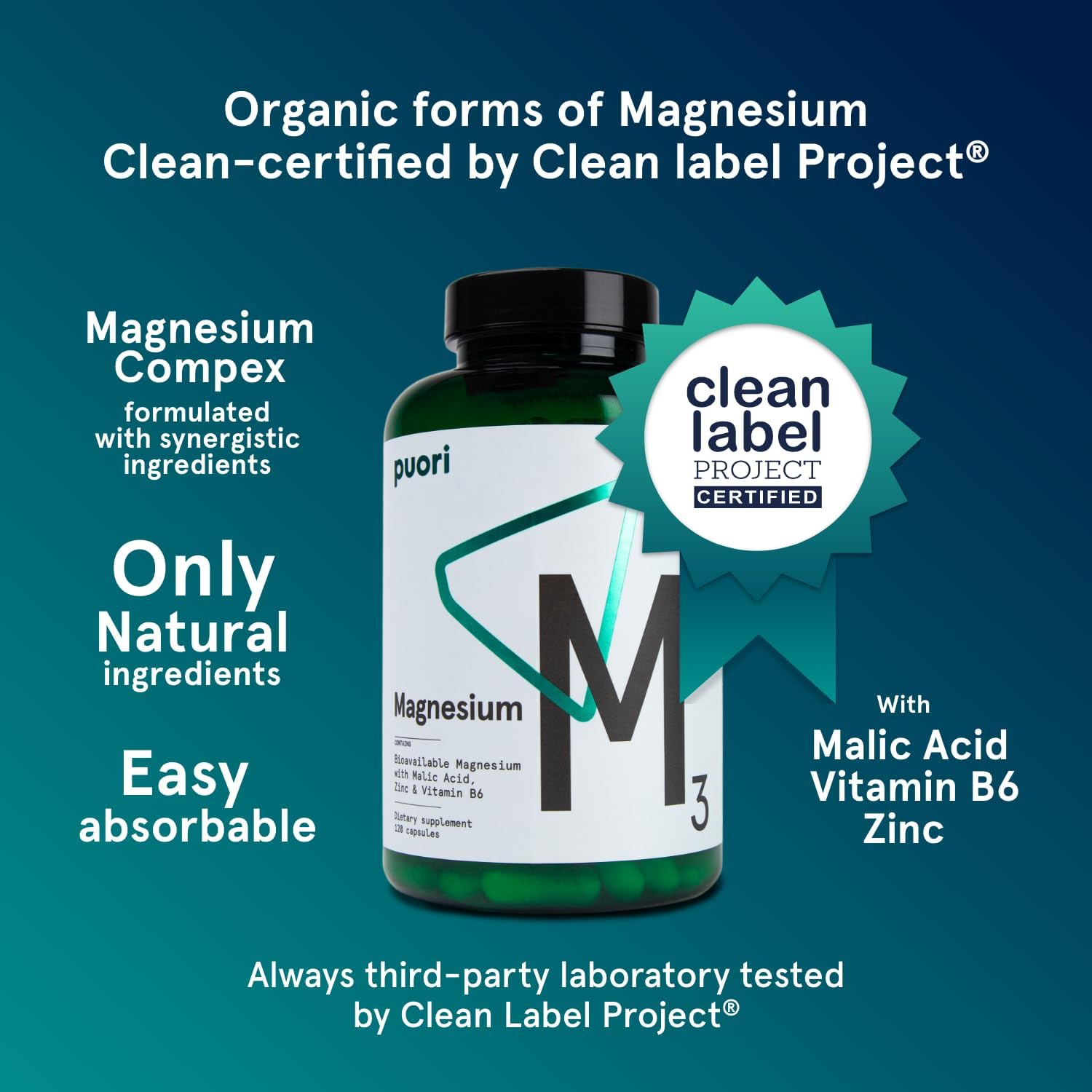 Puori M3 Magnesium Supplement side view showing capsule details