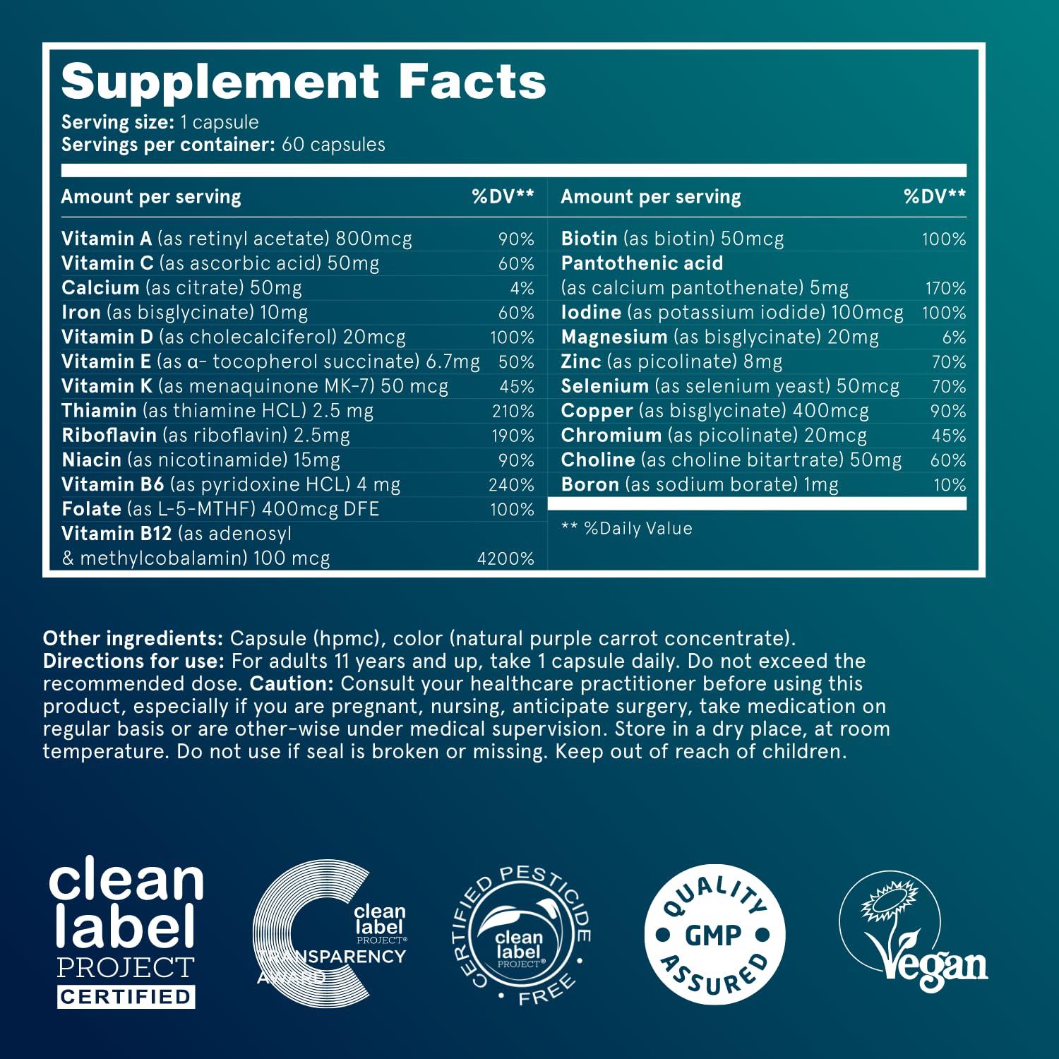 Puori V Multivitamin & Mineral Complex 60 Capsules natural ingredients