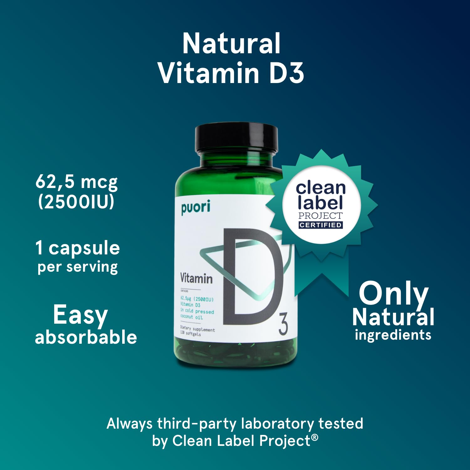 Puori Vitamin D3 Supplement 54g bottle side view