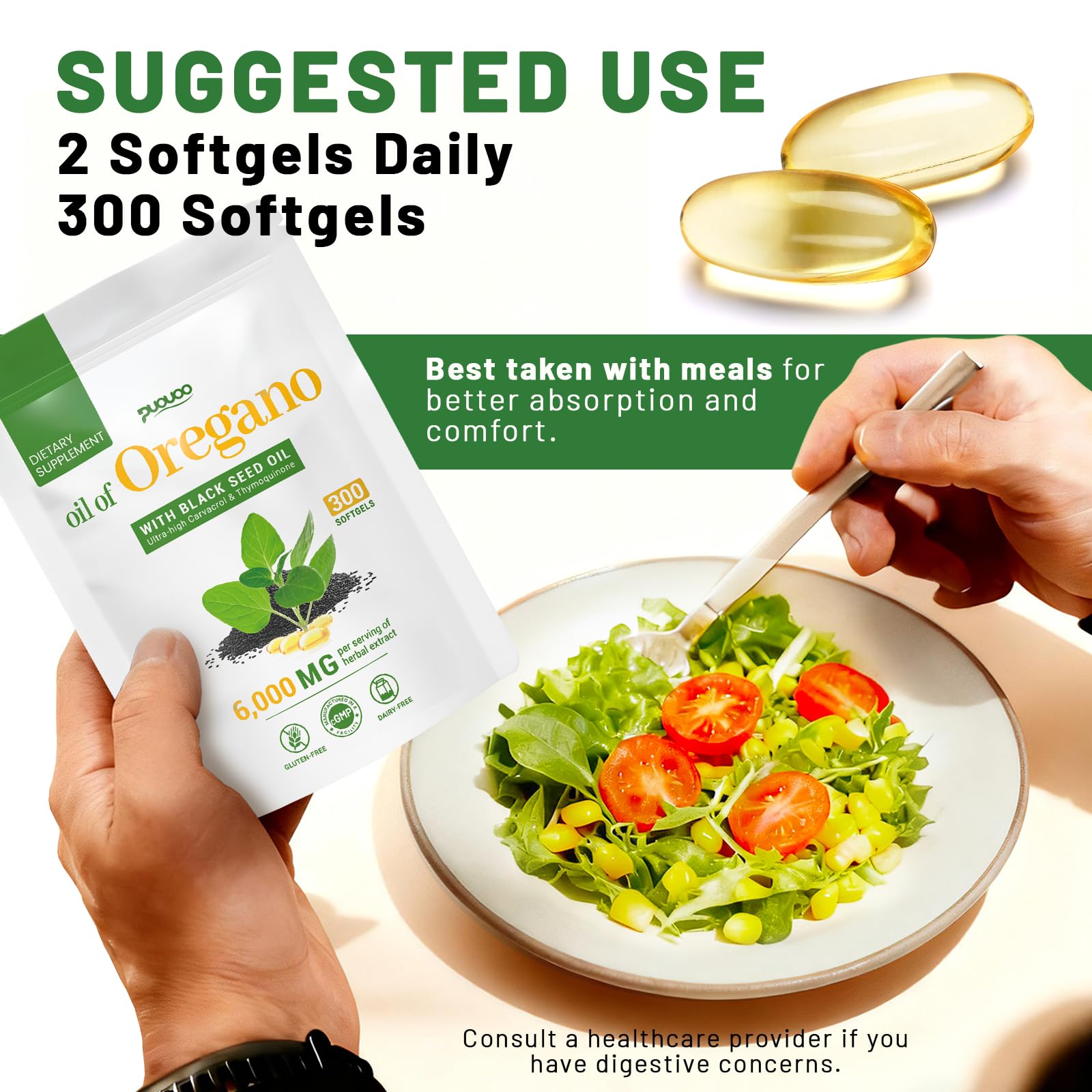 Puouoo Oregano Oil & Black Seed Oil Softgels with a measuring spoon