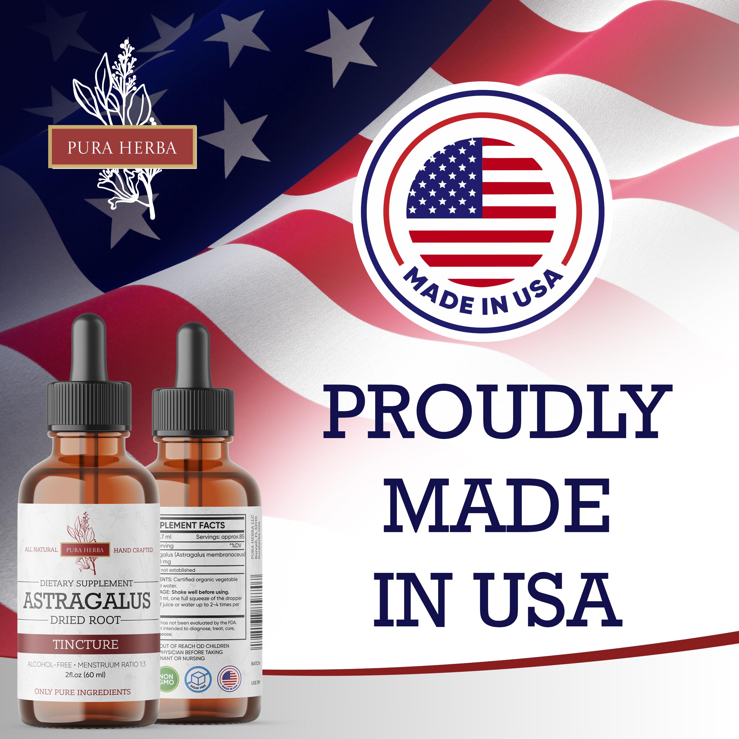Pura Herba Astragalus Root Extract liquid supplement packaging with ingredients list
