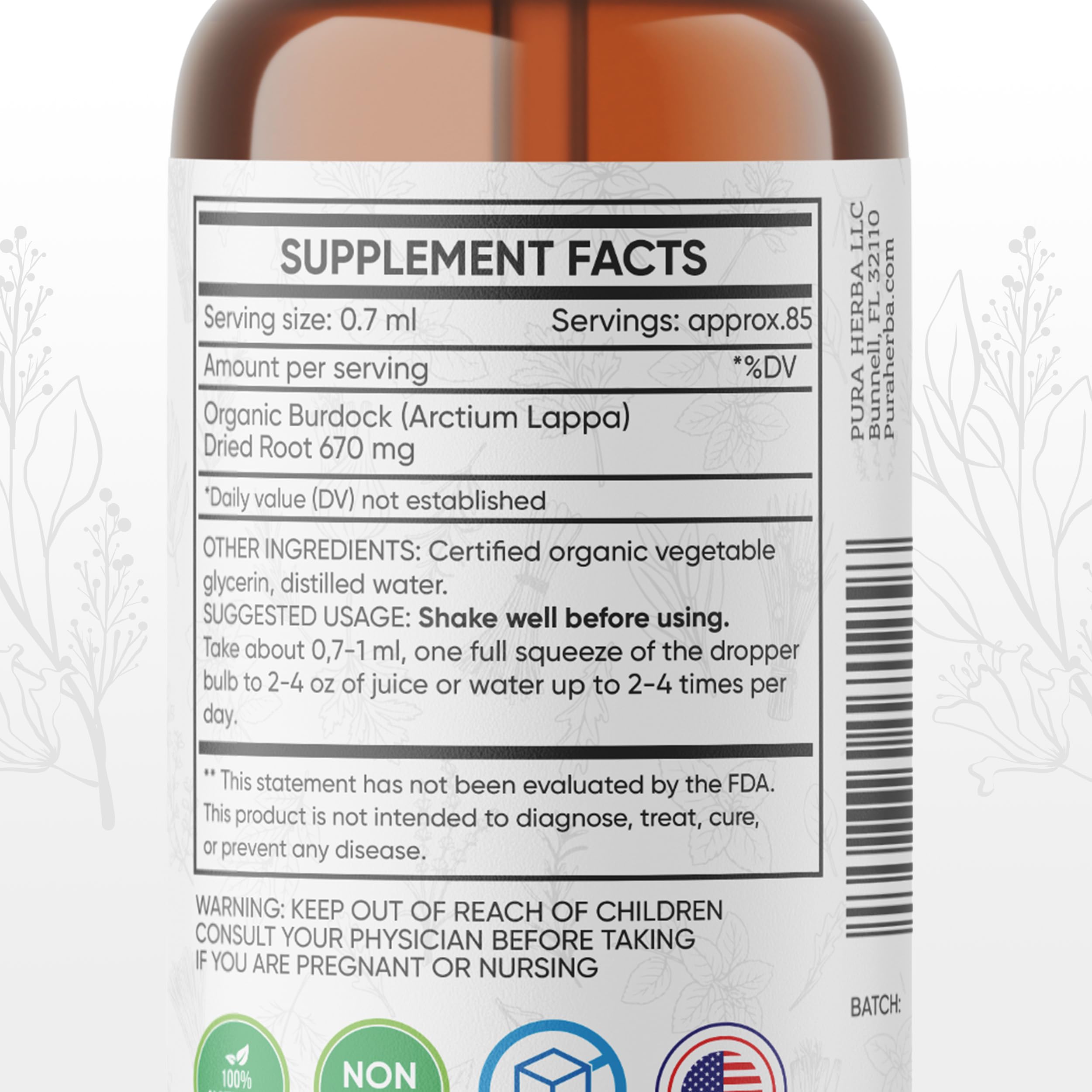 Pura Herba Burdock Root Liquid Extract 2 oz bottle with dropper