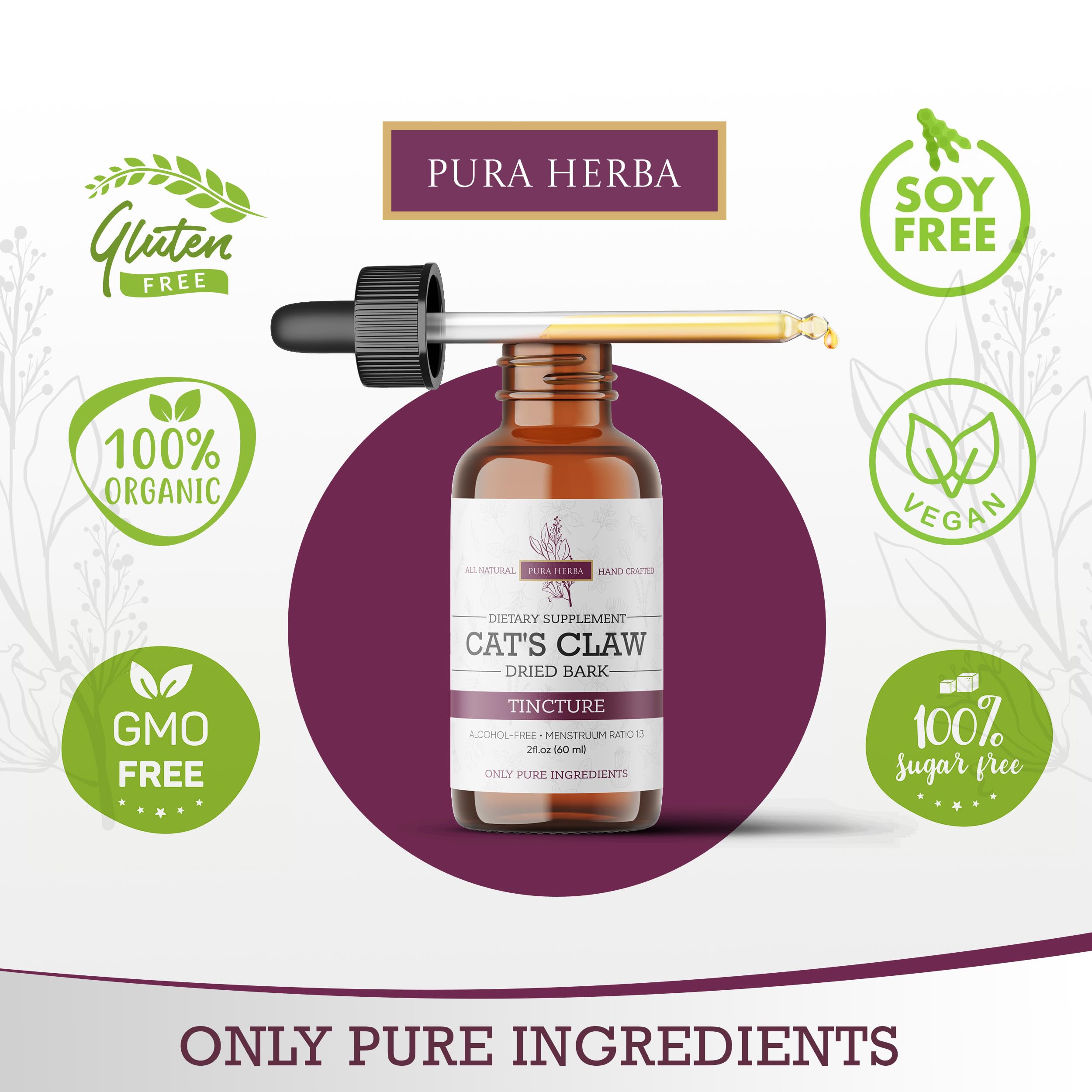 Pura Herba Cat’s Claw Herbal Extract 2 oz bottle with herbal ingredients