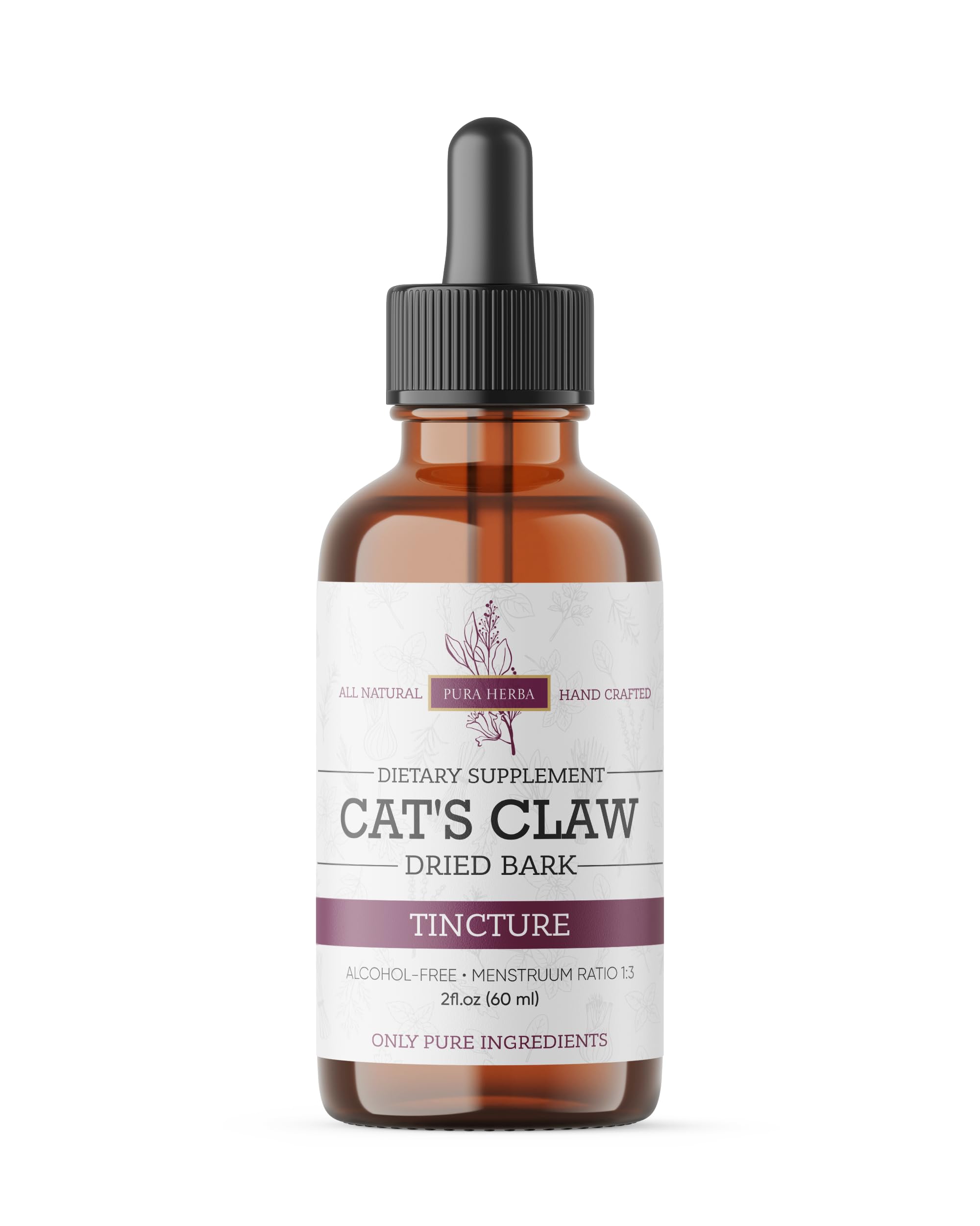 Pura Herba Cat’s Claw Herbal Extract 2 oz bottle with tea