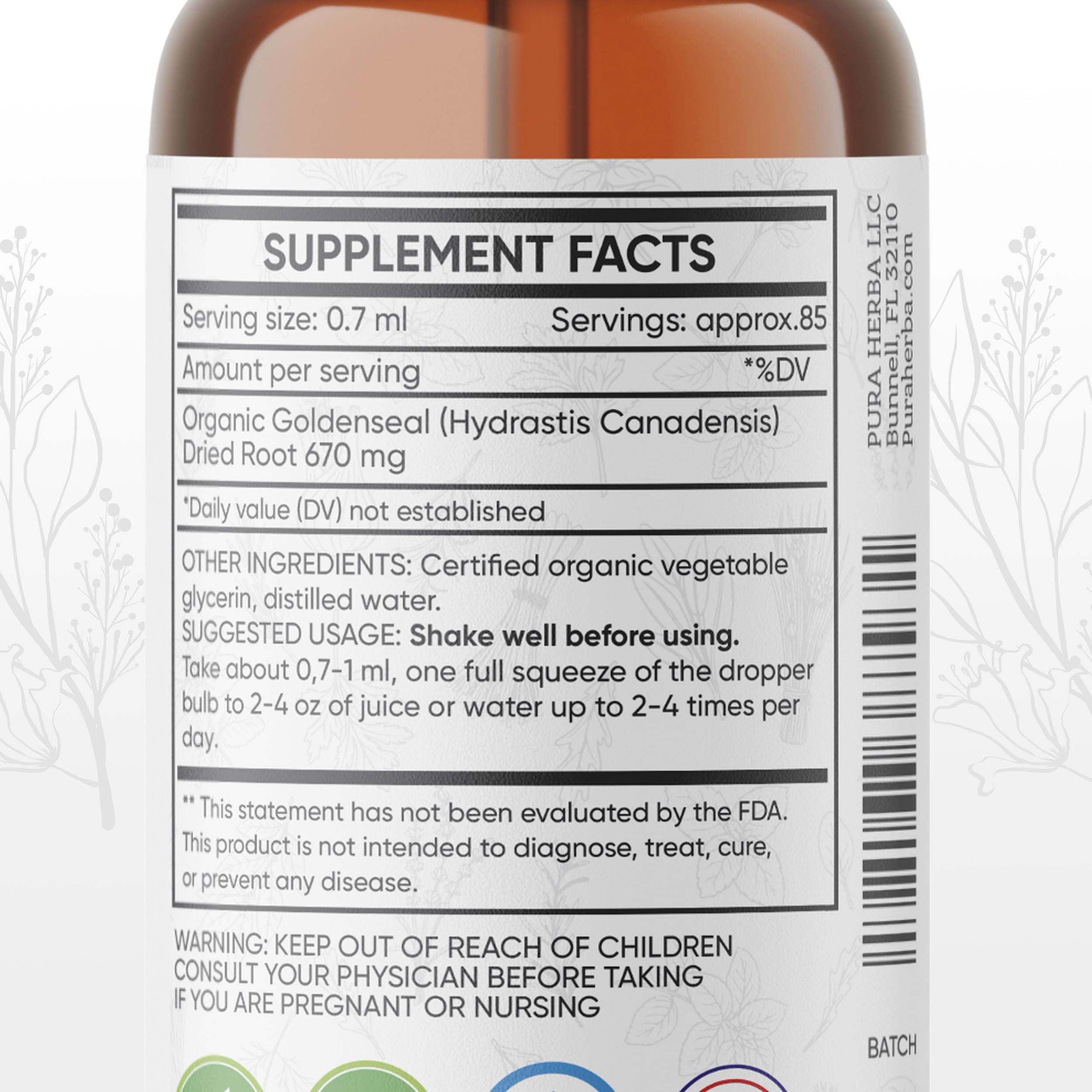 Pura Herba Goldenseal Tincture 4 oz bottle side view