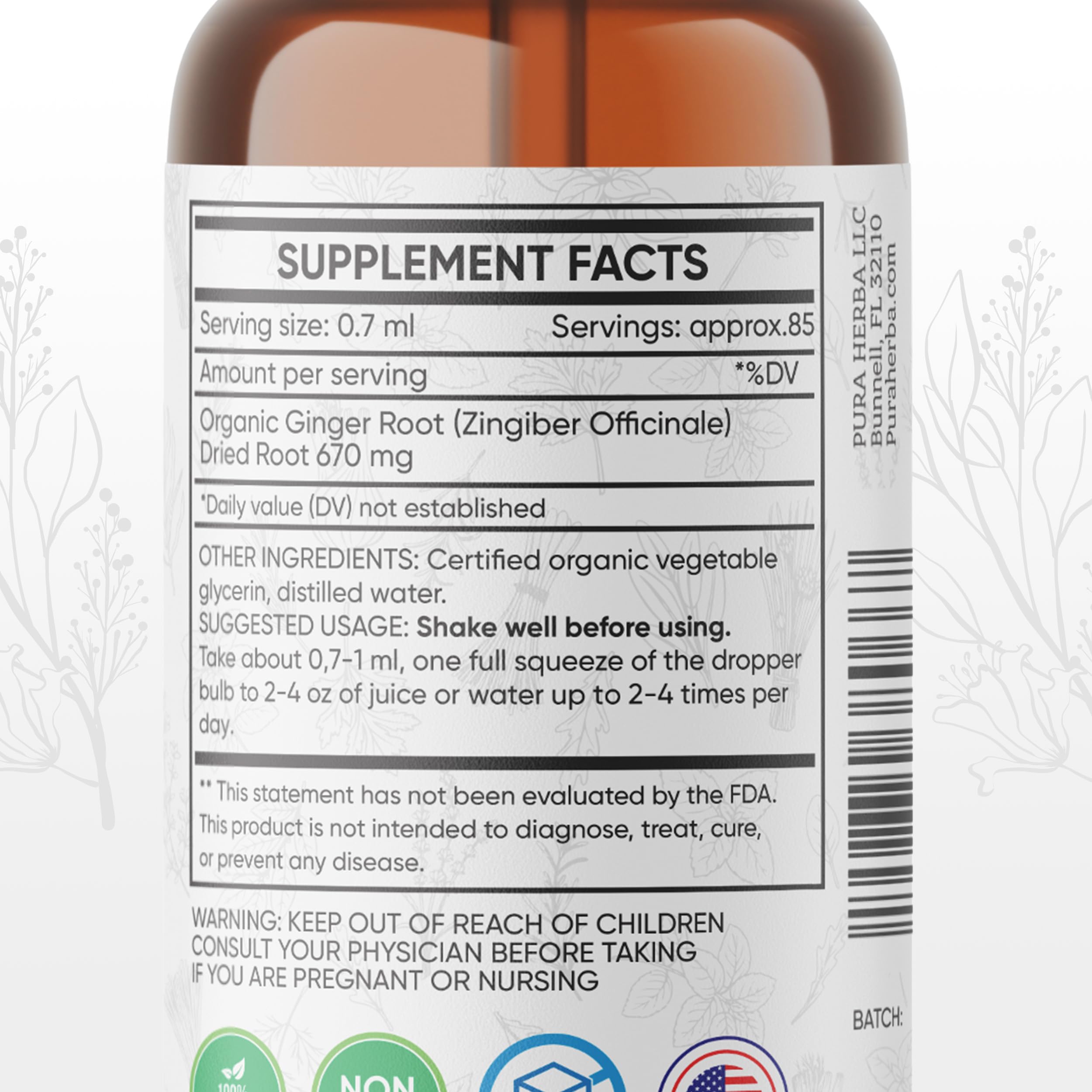 Pura Herba Herbal Supplement Tincture back view showing ingredients