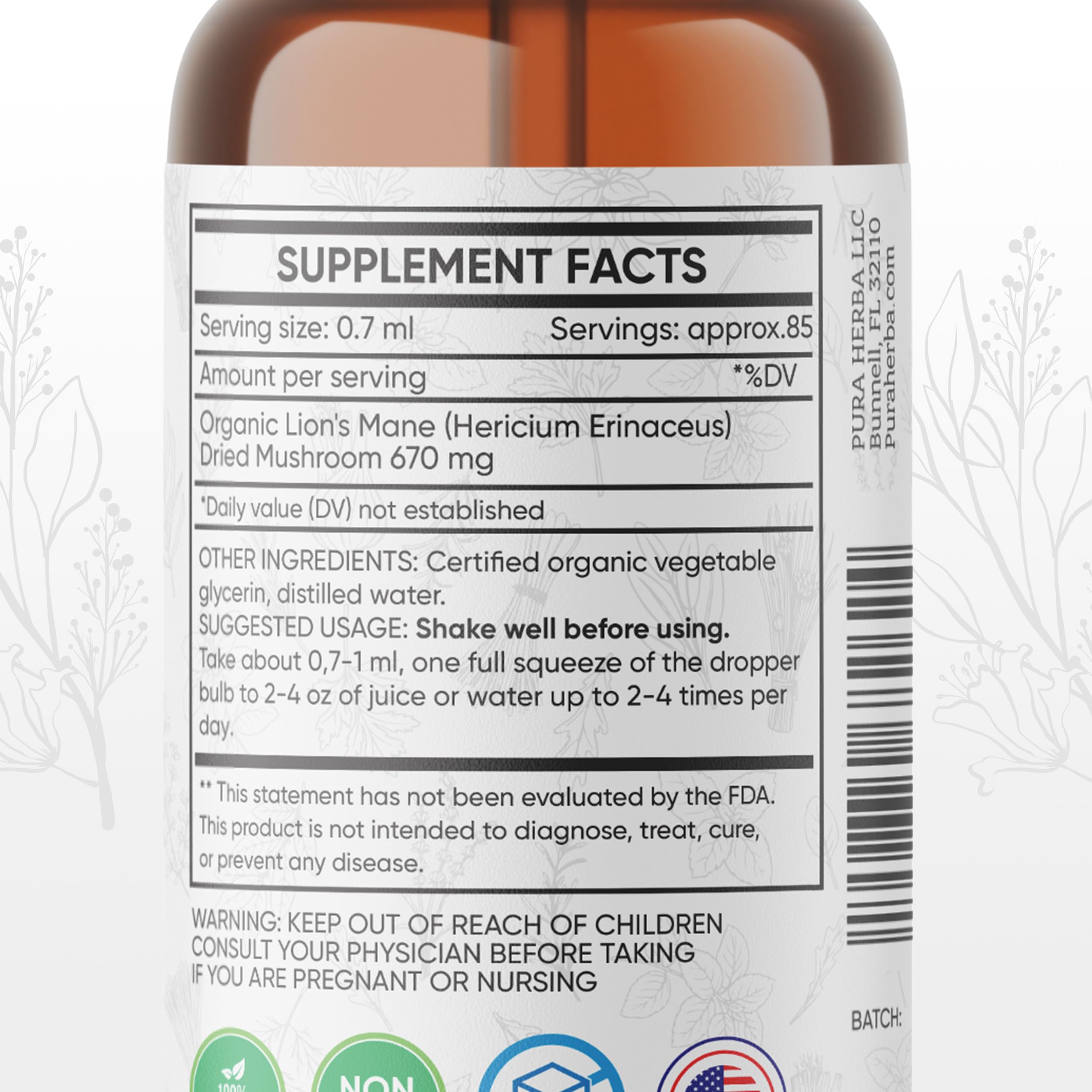Pura Herba Herbal Tincture 91g side view showing label