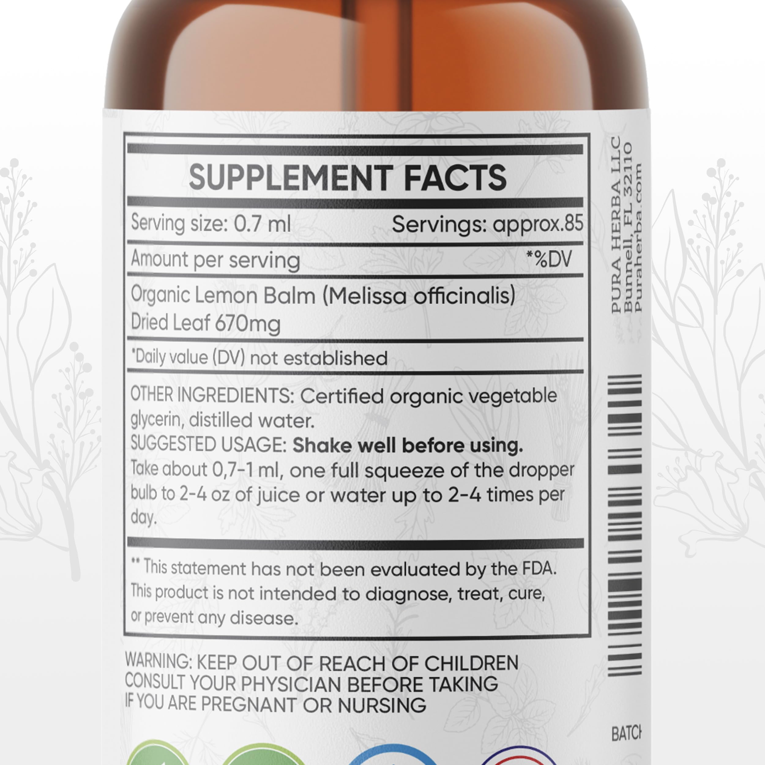 Pura Herba Lemon Balm Sleep Supplement 4 oz bottle side view