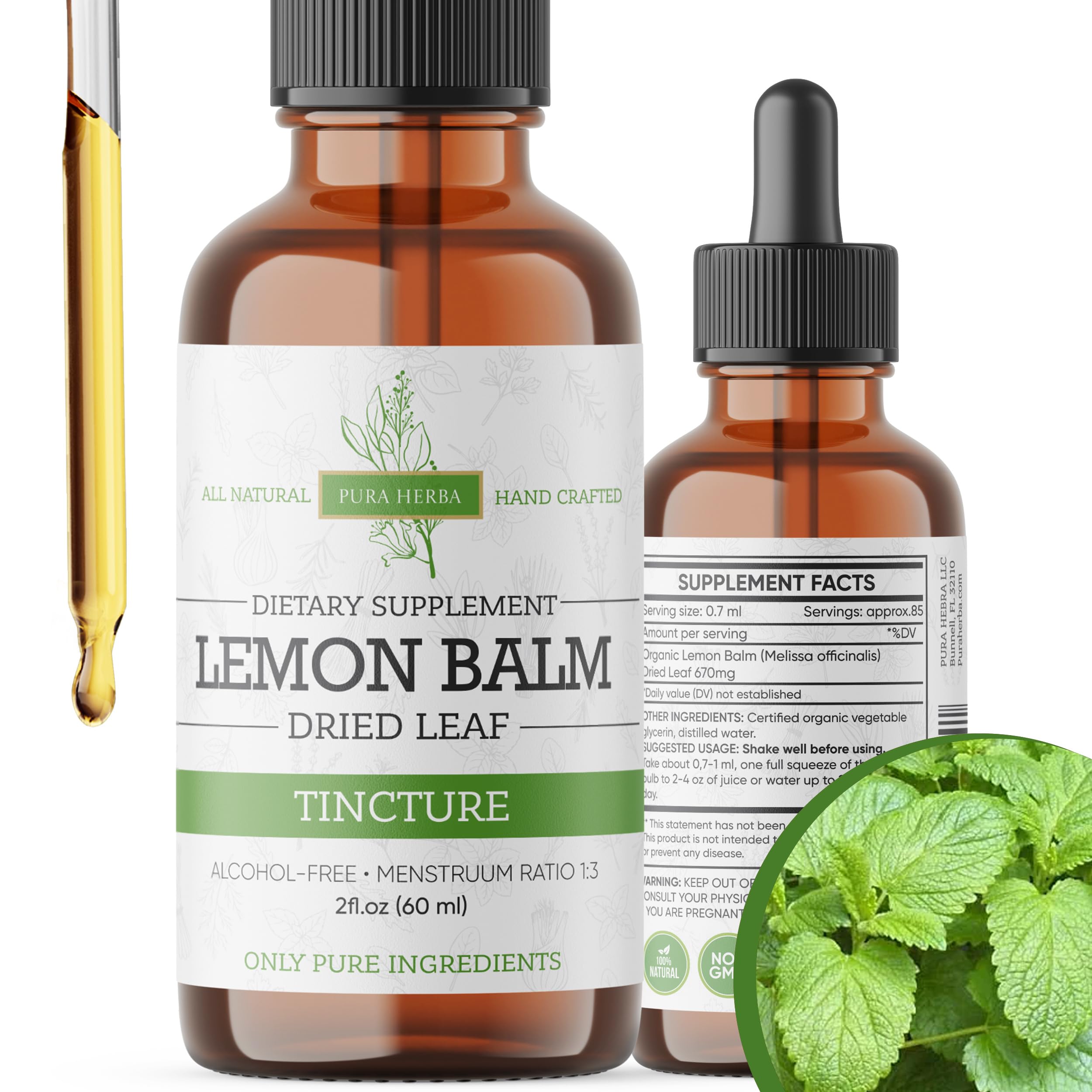 Pura Herba Lemon Balm Tincture 2 oz front view