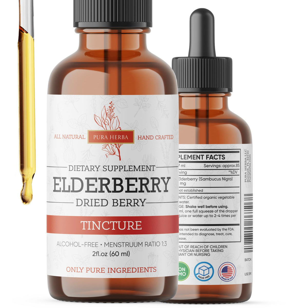Pura Herba Organic Elderberry Drops front view with dropper