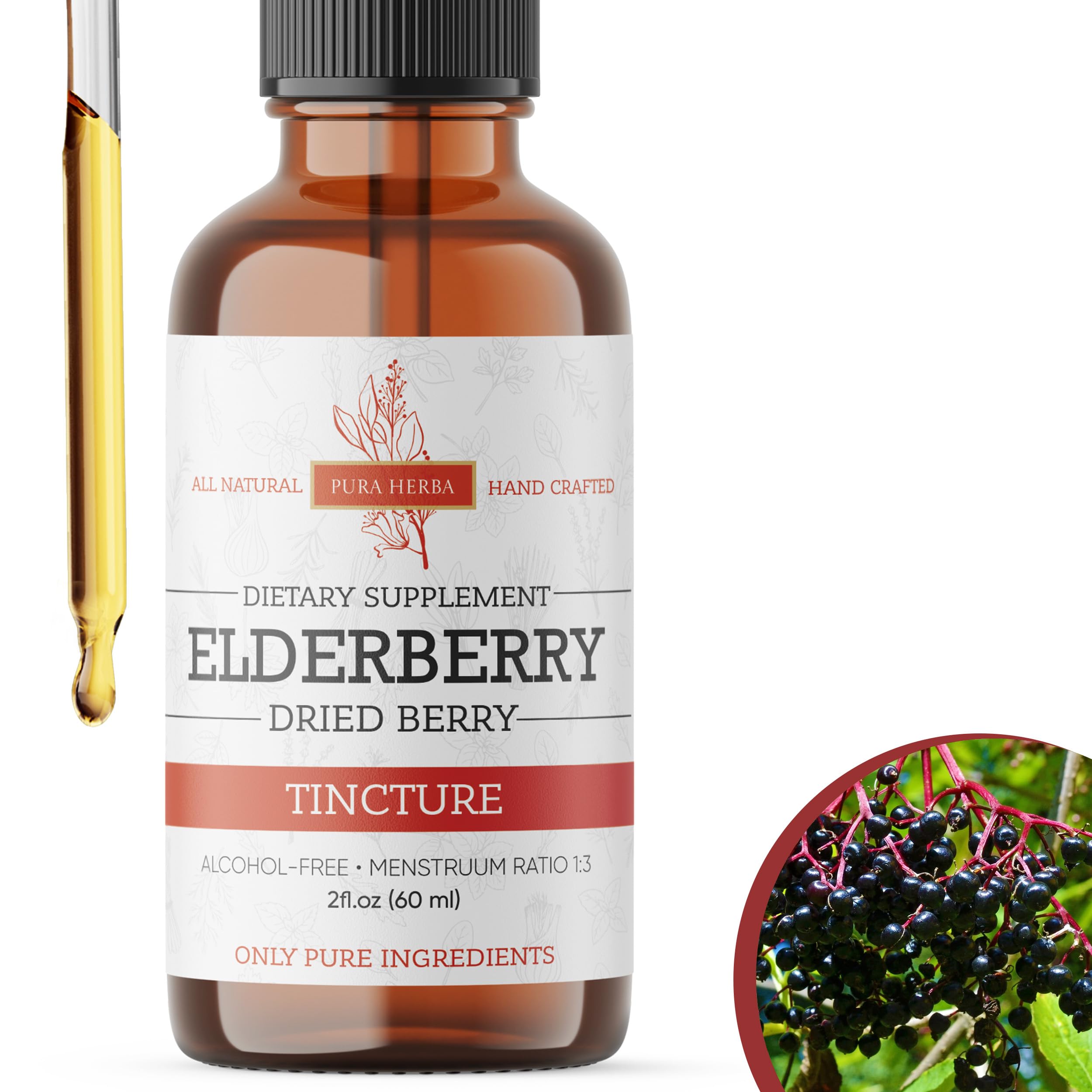 Pura Herba Organic Elderberry Drops with a measuring spoon