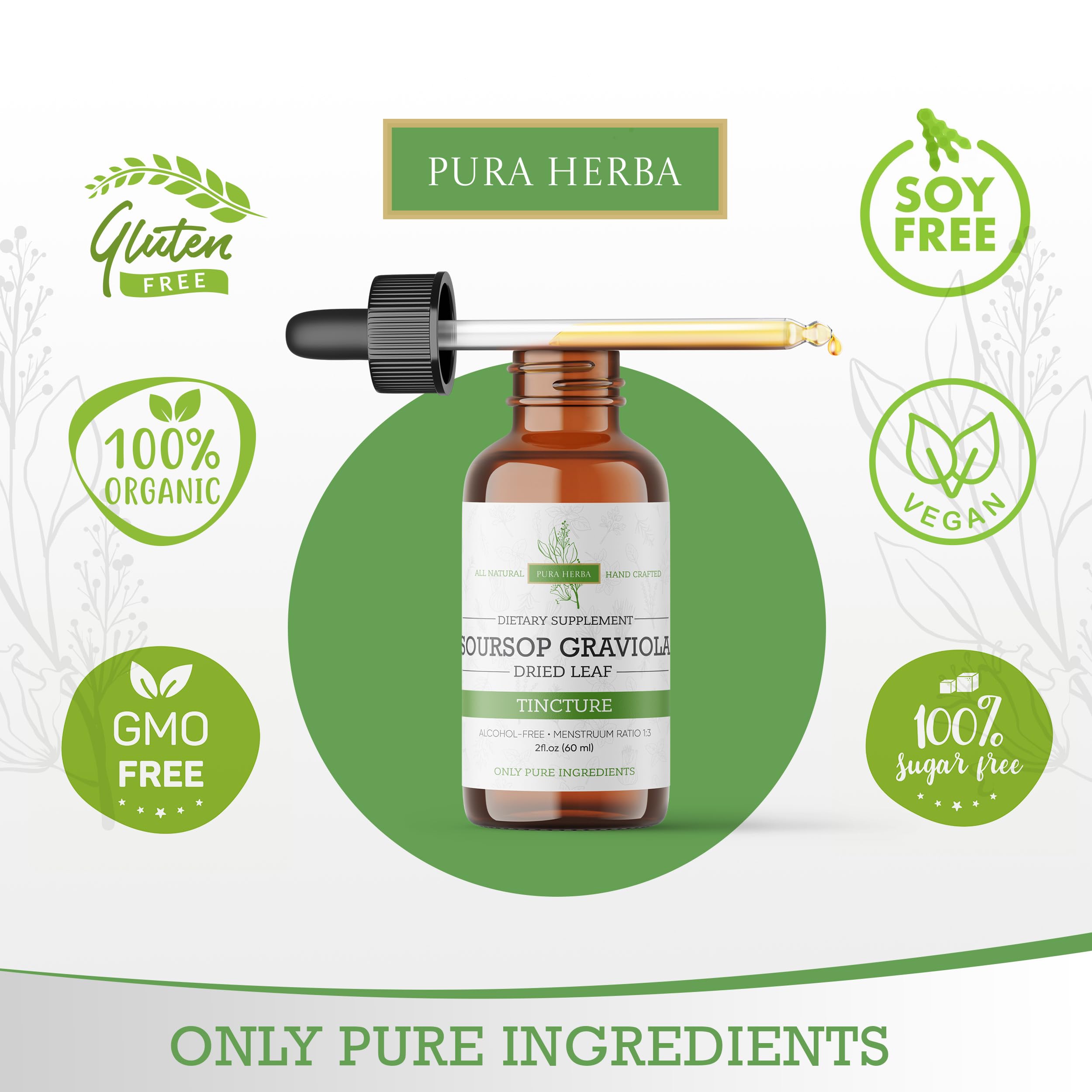 Pura Herba Organic Soursop Tincture back label showing ingredients