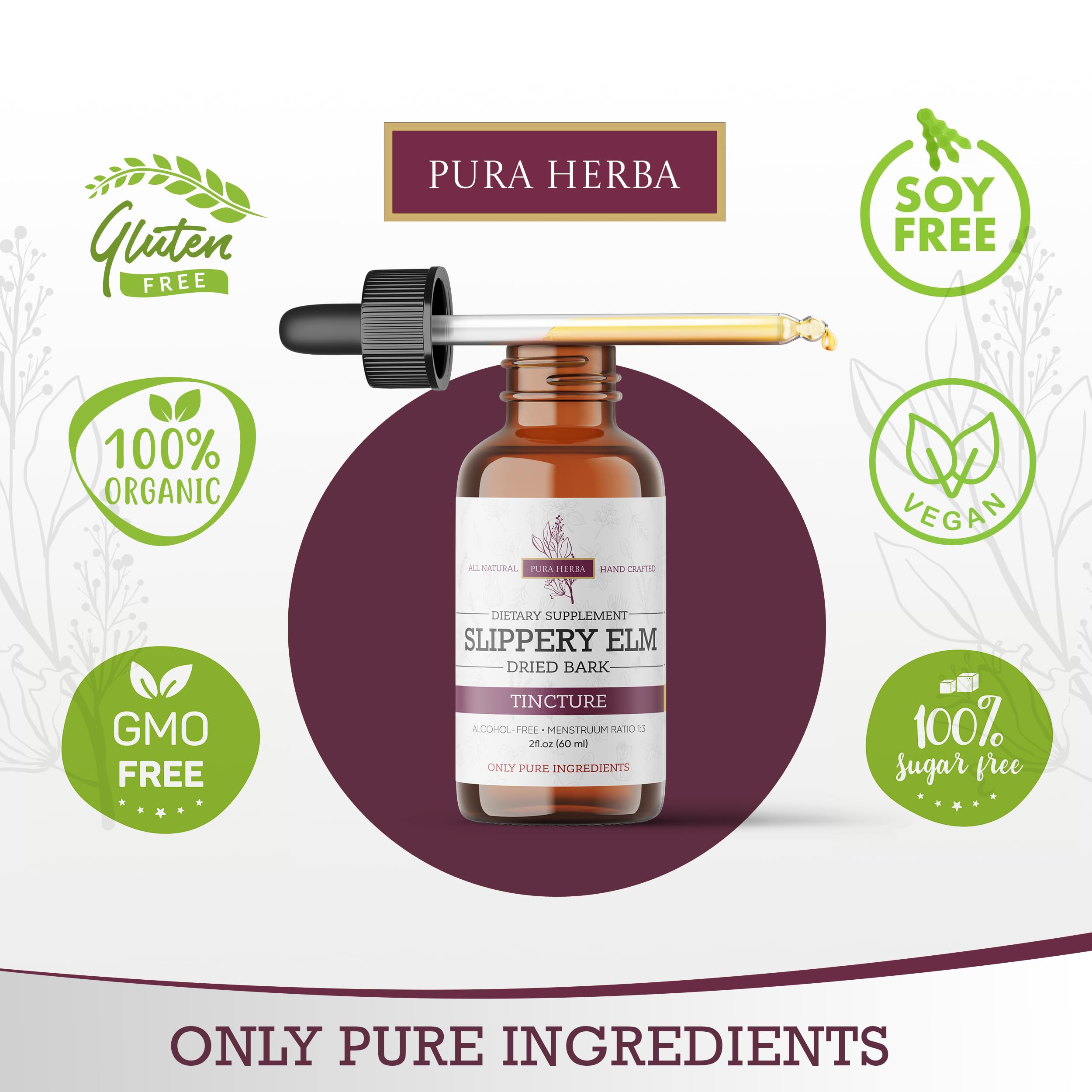Pura Herba Slippery Elm Bark Supplement 4 oz label close-up
