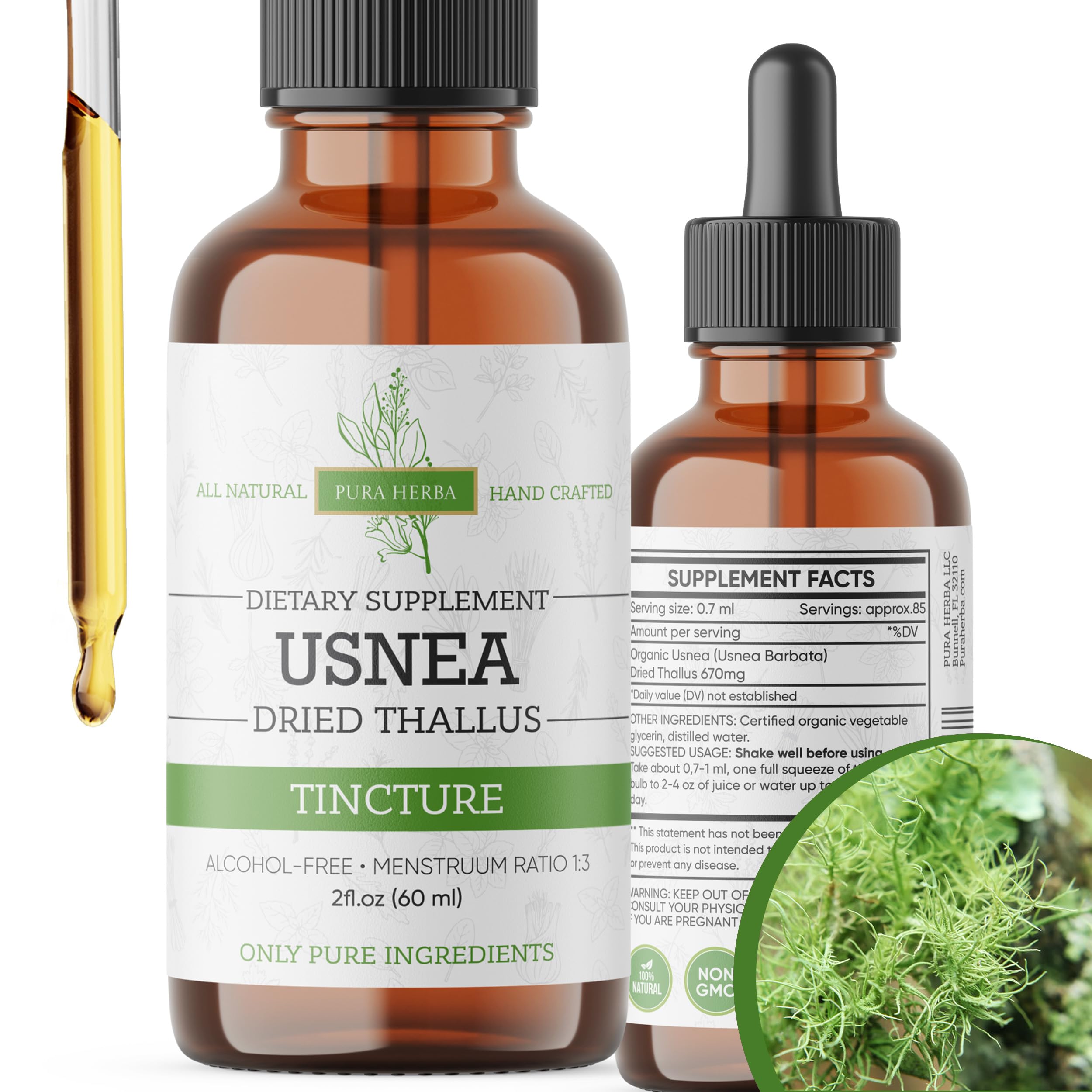 Pura Herba Usnea Tincture front view with dropper