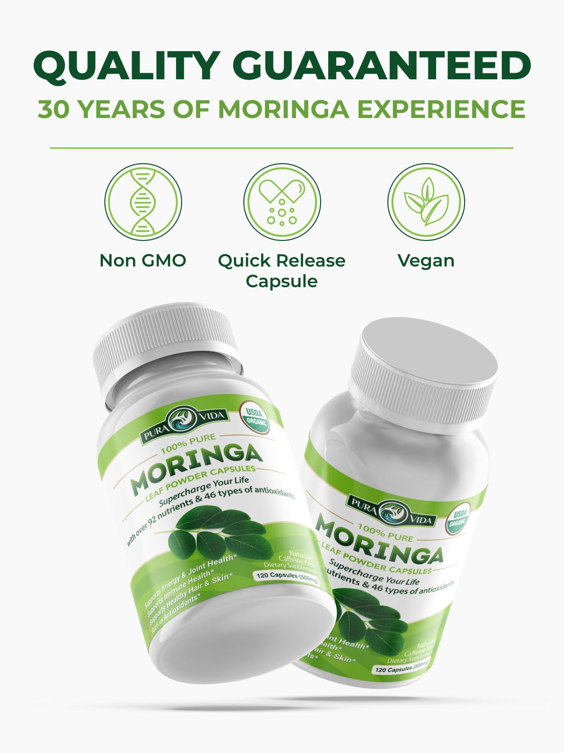 Pura Vida Moringa Organic Moringa Capsules close-up of capsules