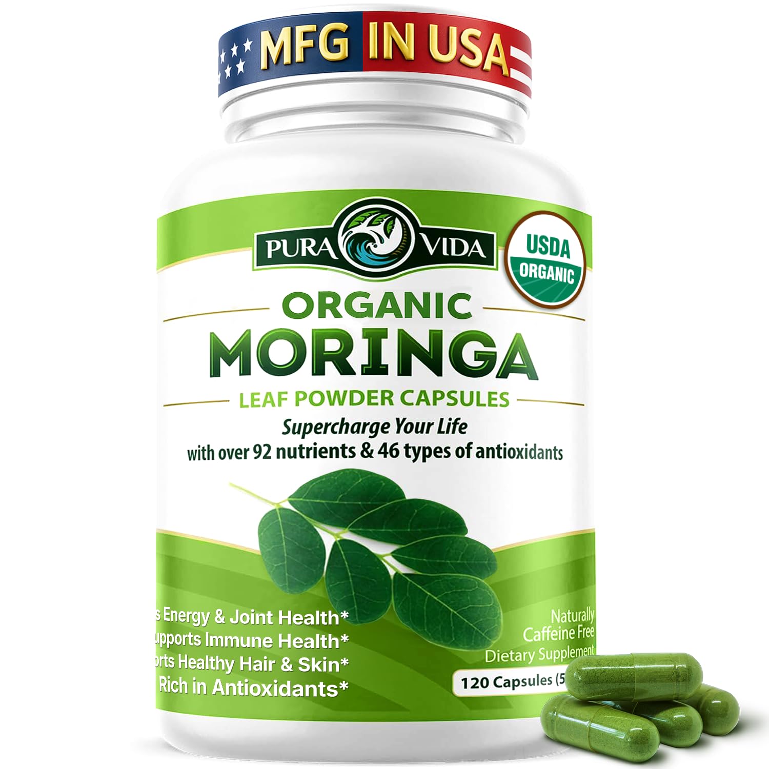 Pura Vida Moringa Organic Moringa Capsules front view