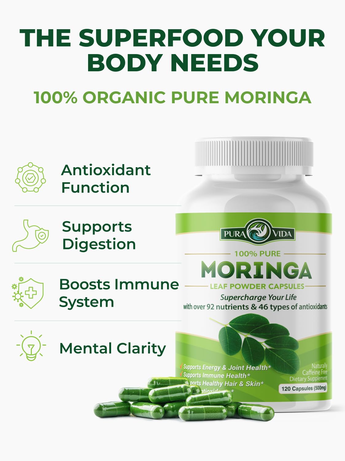 Pura Vida Moringa Organic Moringa Capsules on wooden table