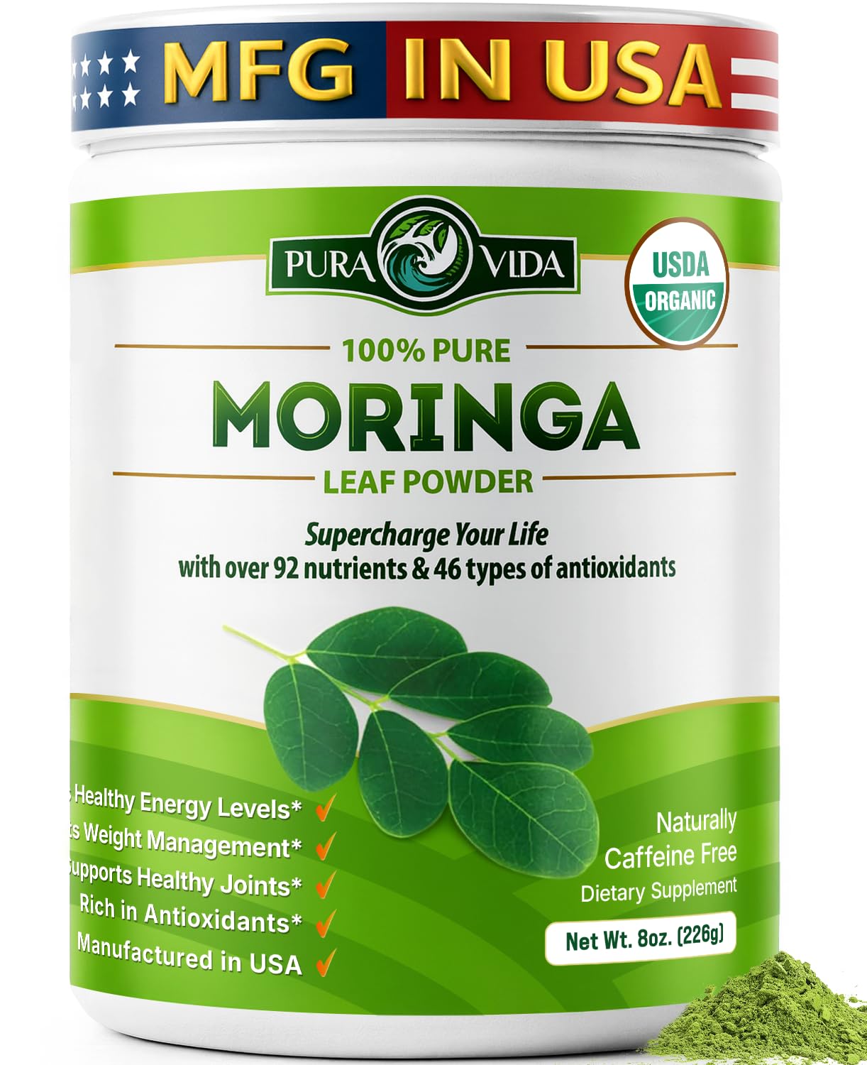 PURA VIDA MORINGA Organic Moringa Leaf Powder 227g front view
