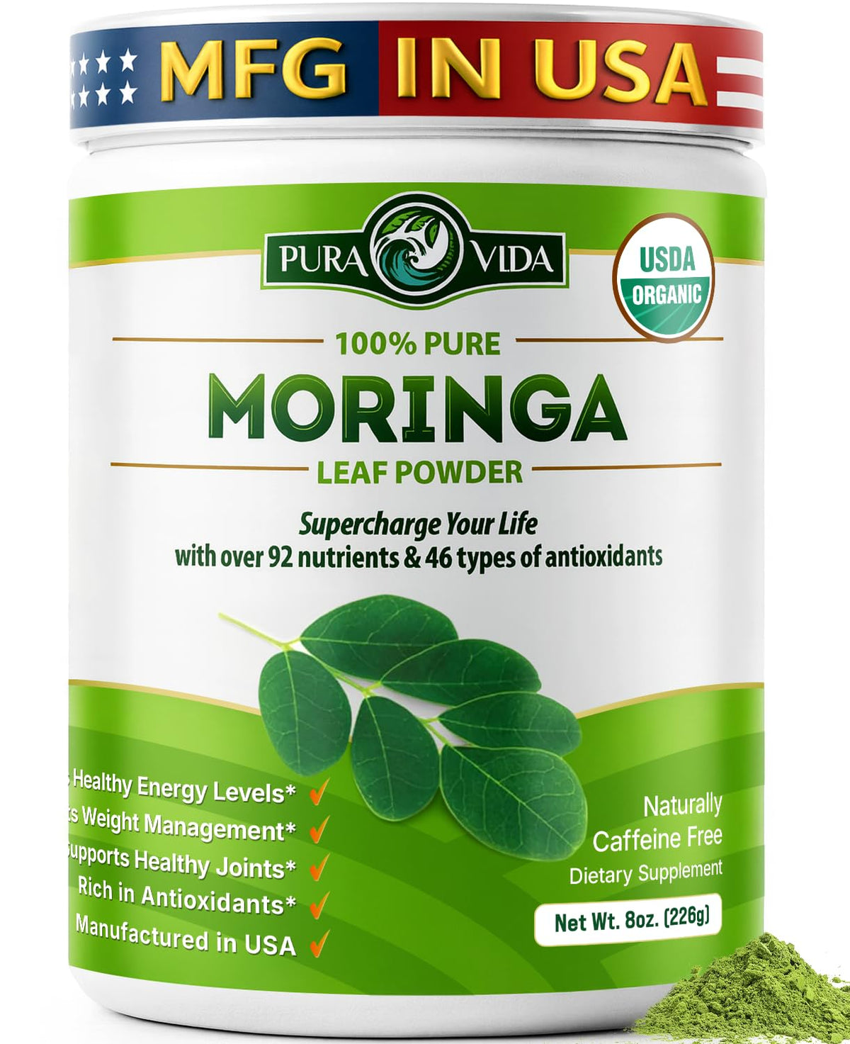 PURA VIDA MORINGA Organic Moringa Leaf Powder 227g front view