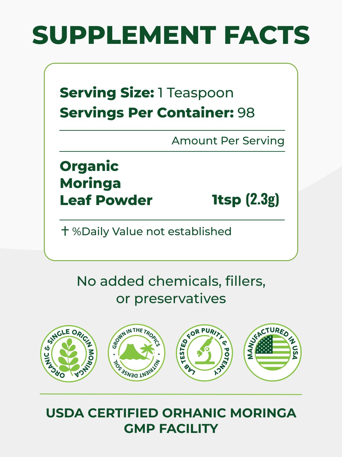 PURA VIDA MORINGA Organic Moringa Leaf Powder close-up of powder