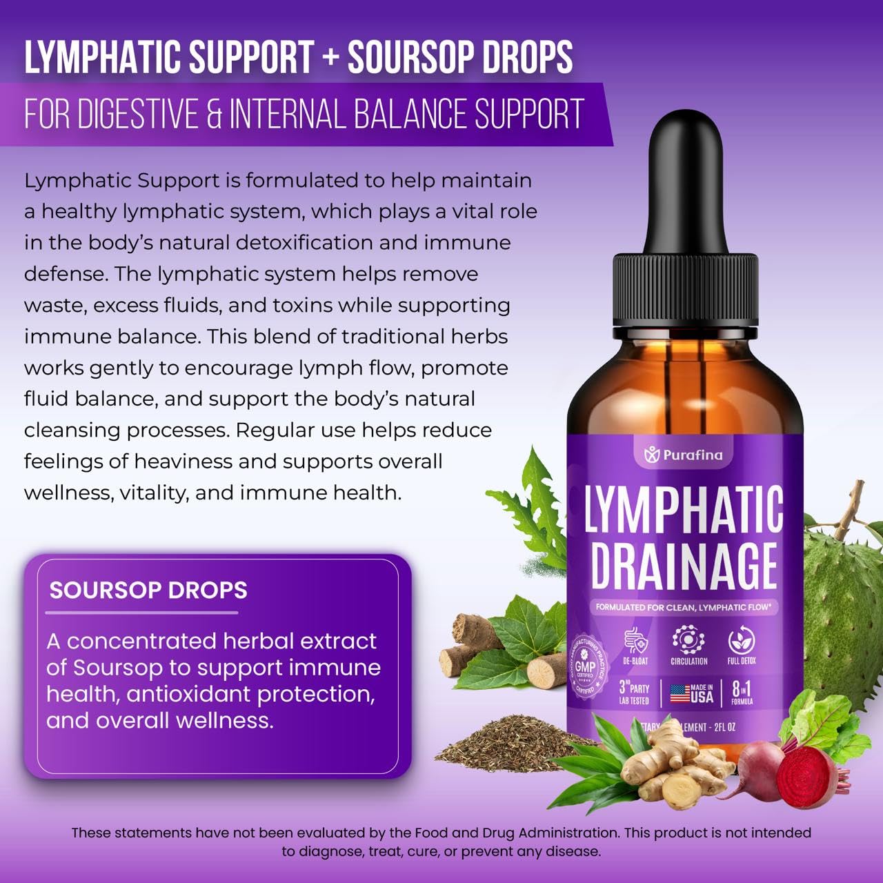 Purafina Lymphatic Drainage Drops 132g close-up of dropper